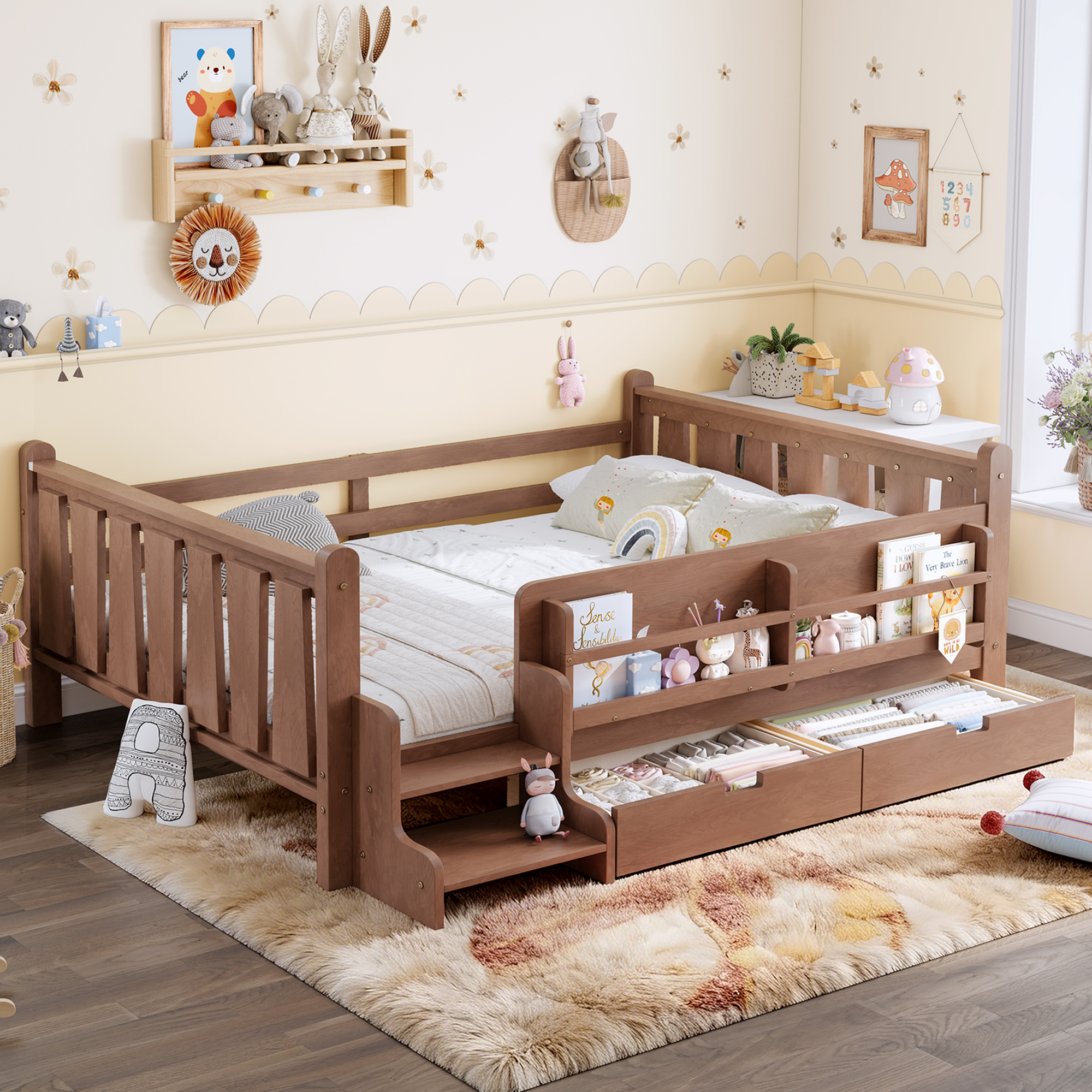 Full Size Floor Bed with Storage Bookcases and Drawers, Solid Wood Kids Floor Bed with Cute Stairs and Guardrails, No Box Spring Needed, Natural