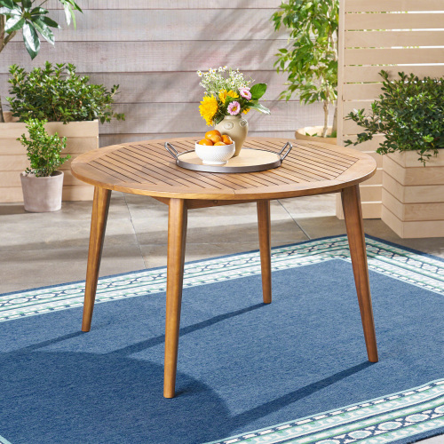 47.25″ Round Acacia Wood Dining Table with Teak Finish, Modern Slatted Patio Table for Indoor & Outdoor Use