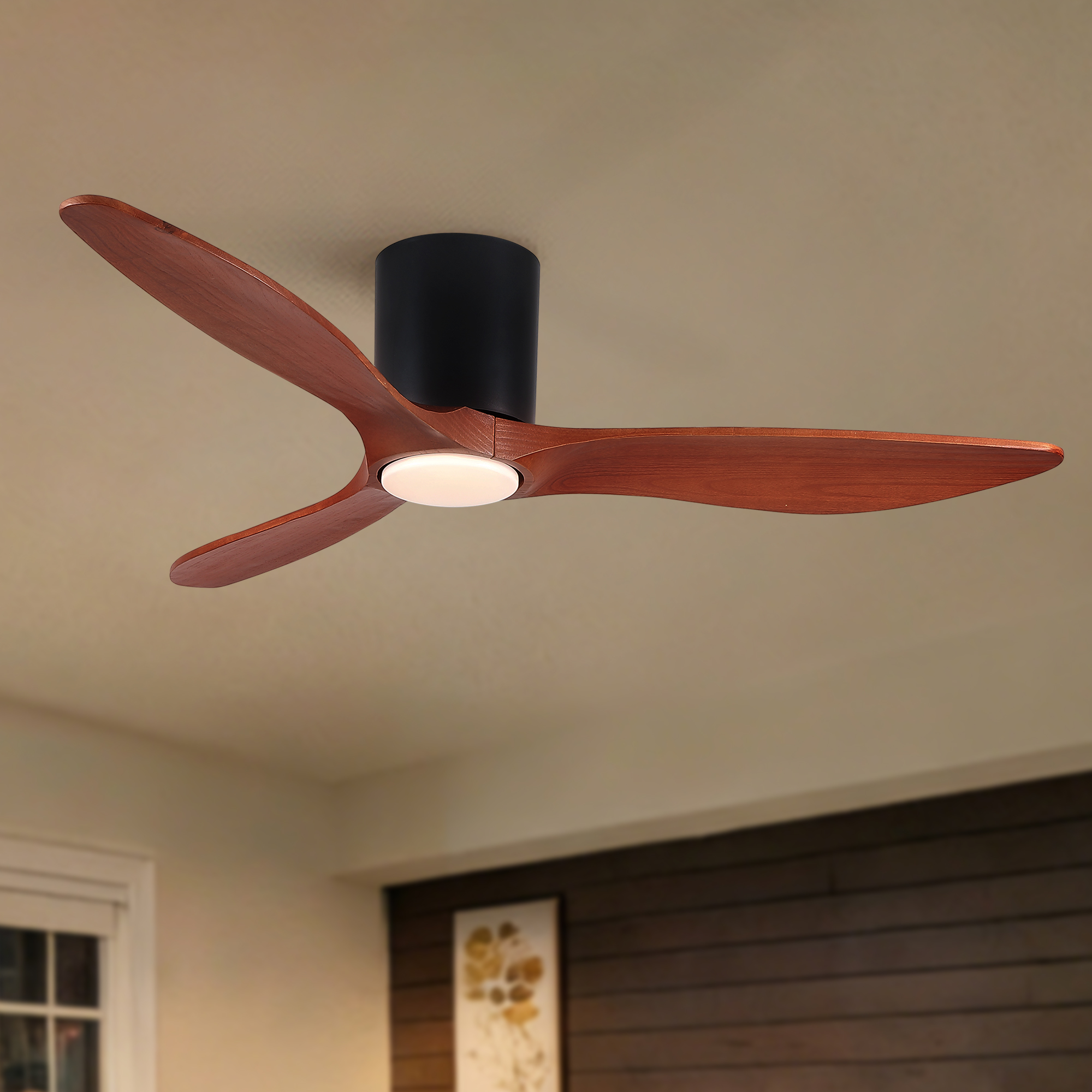 52″ Mordern Farmhouse Retro Solid Wood Low Profile Flush Mount Ceiling Fan with Light and Reversible Quiet Motor