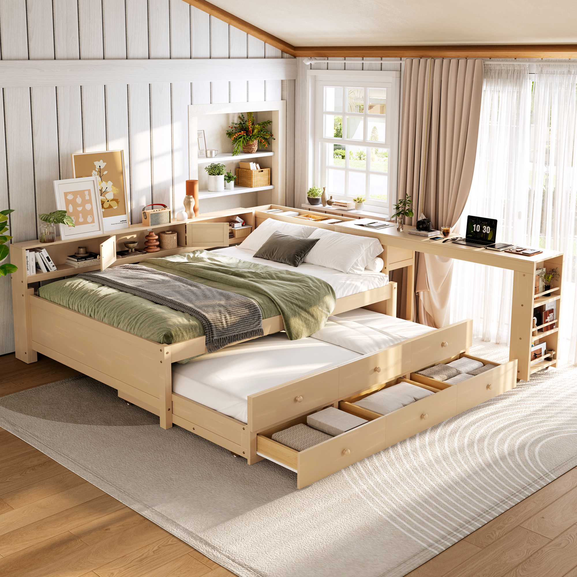 Full Size Daybed With Trundle,Wood Daybed Frame with Storage Drawers,Side Shelves and Desk,Golden