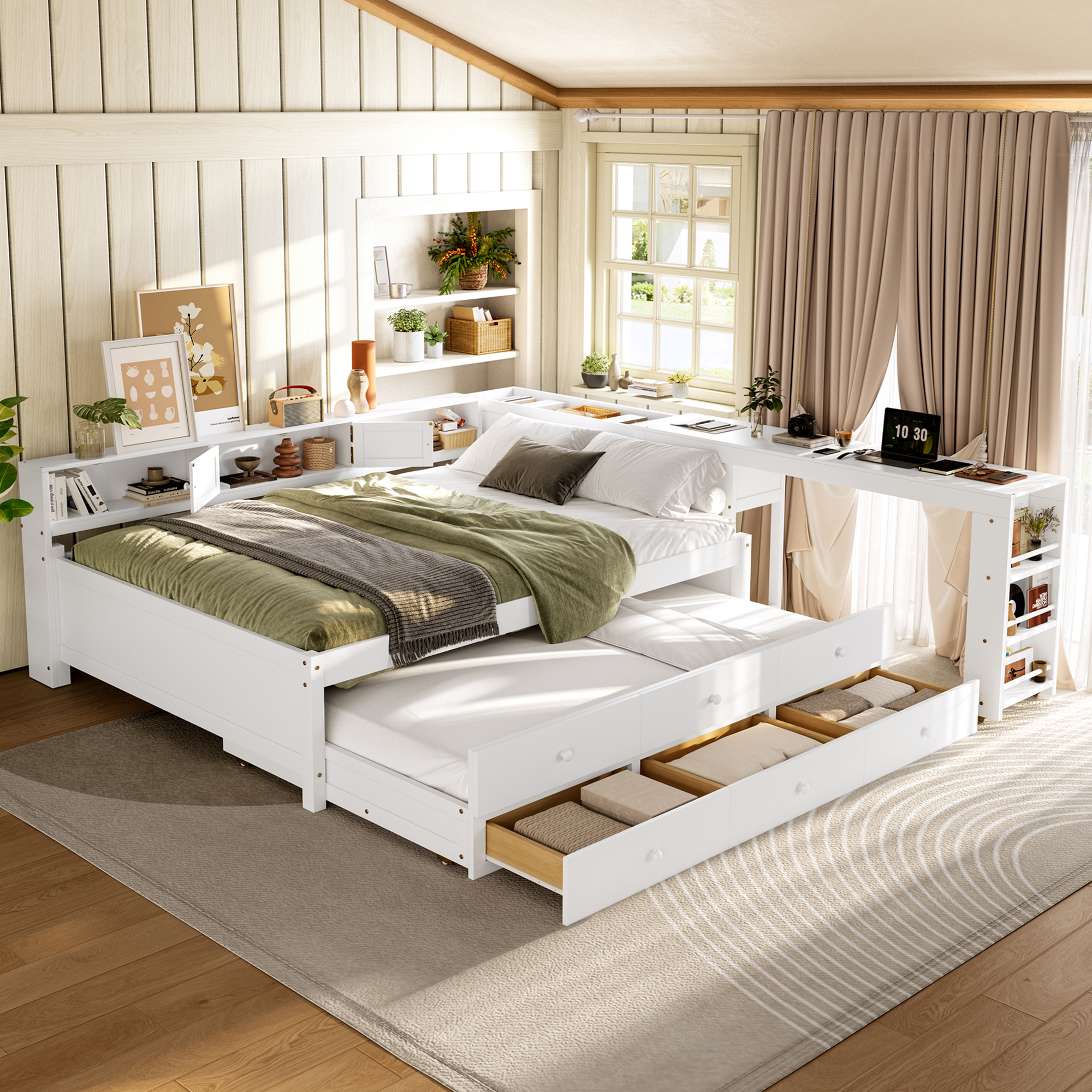 Full Size Daybed With Trundle,Wood Daybed Frame with Storage Drawers,Side Shelves and Desk,White