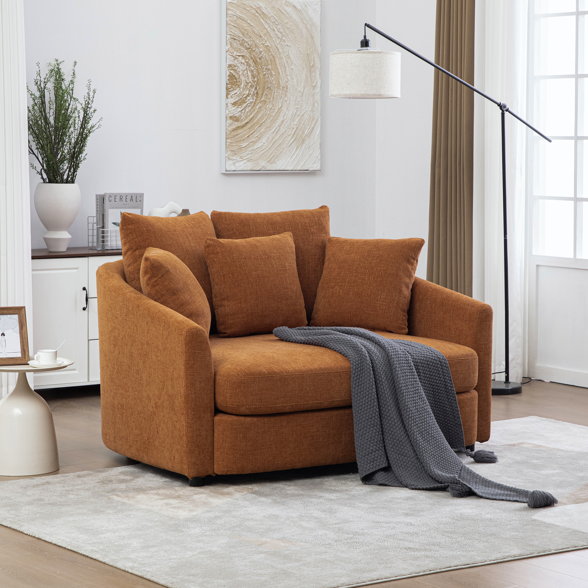 56.3” Wide Upholstered Round Accent Cuddle Chaise with Pillows, Cozy Oversized Slipcovered Barrel Lounger Chair with Deep Seat Reading Armchair for Club, Living Room, Bedroom, Office, Lounge, Orange
