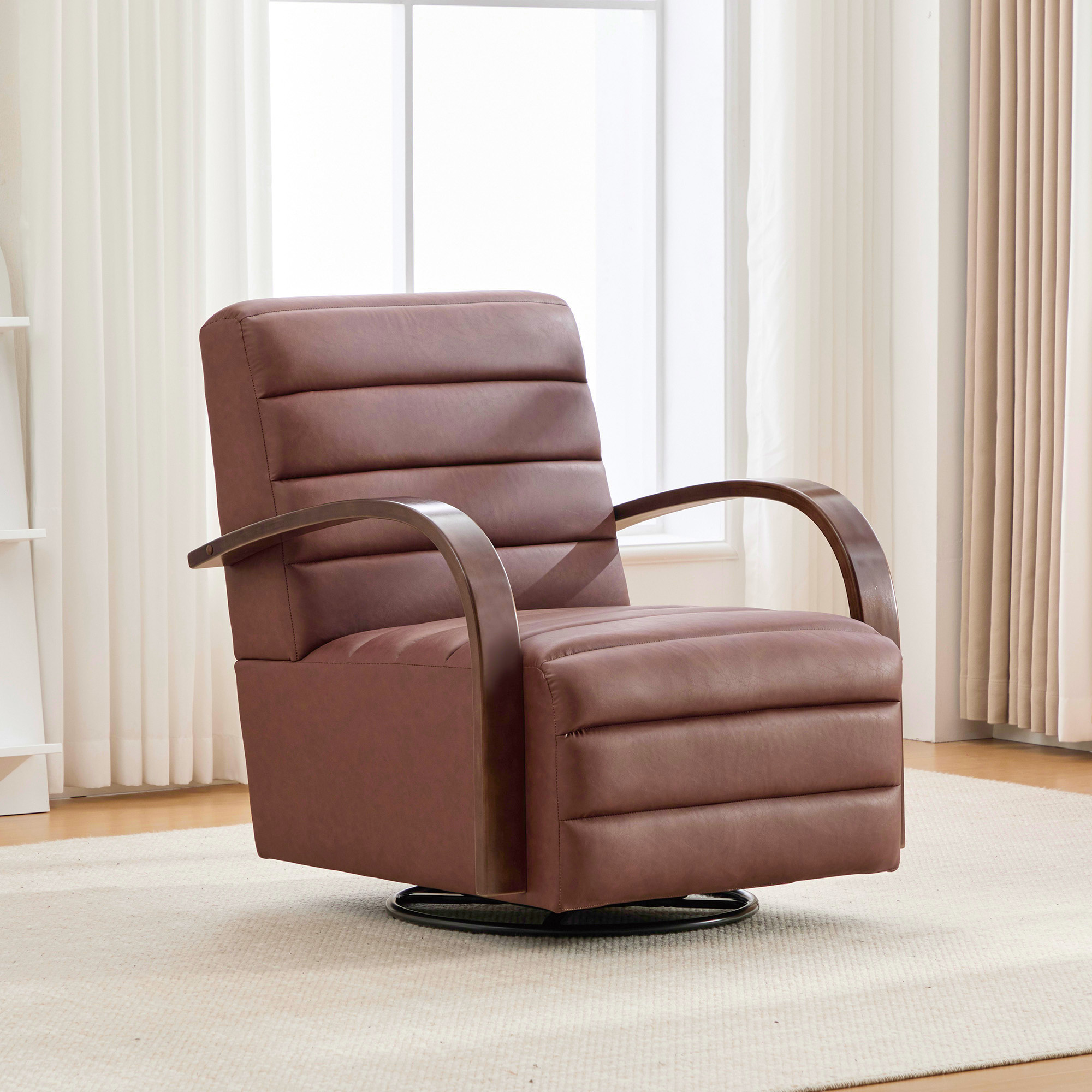 30.7″W Modern Upholstered 360° Swivel Accent Chair with Solid Wood Armrests and Comfy Channel Tufted Lounge Reading Chair, Single Sofa Armchair for Hotel Bedroom Living Room Office and Bedroom. Brown