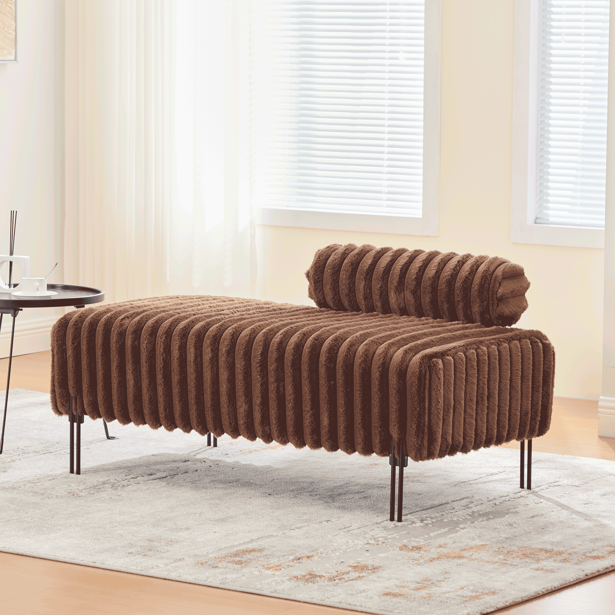 49.6″ Wide Upholstered Mini Loveseat with Metal Legs, 2-Seater Small Sofa End of Bed Bench Window Ottoman Footrest with Adjustable Back for Living Room Bedroom Entryway Hallway Small Space, Brown