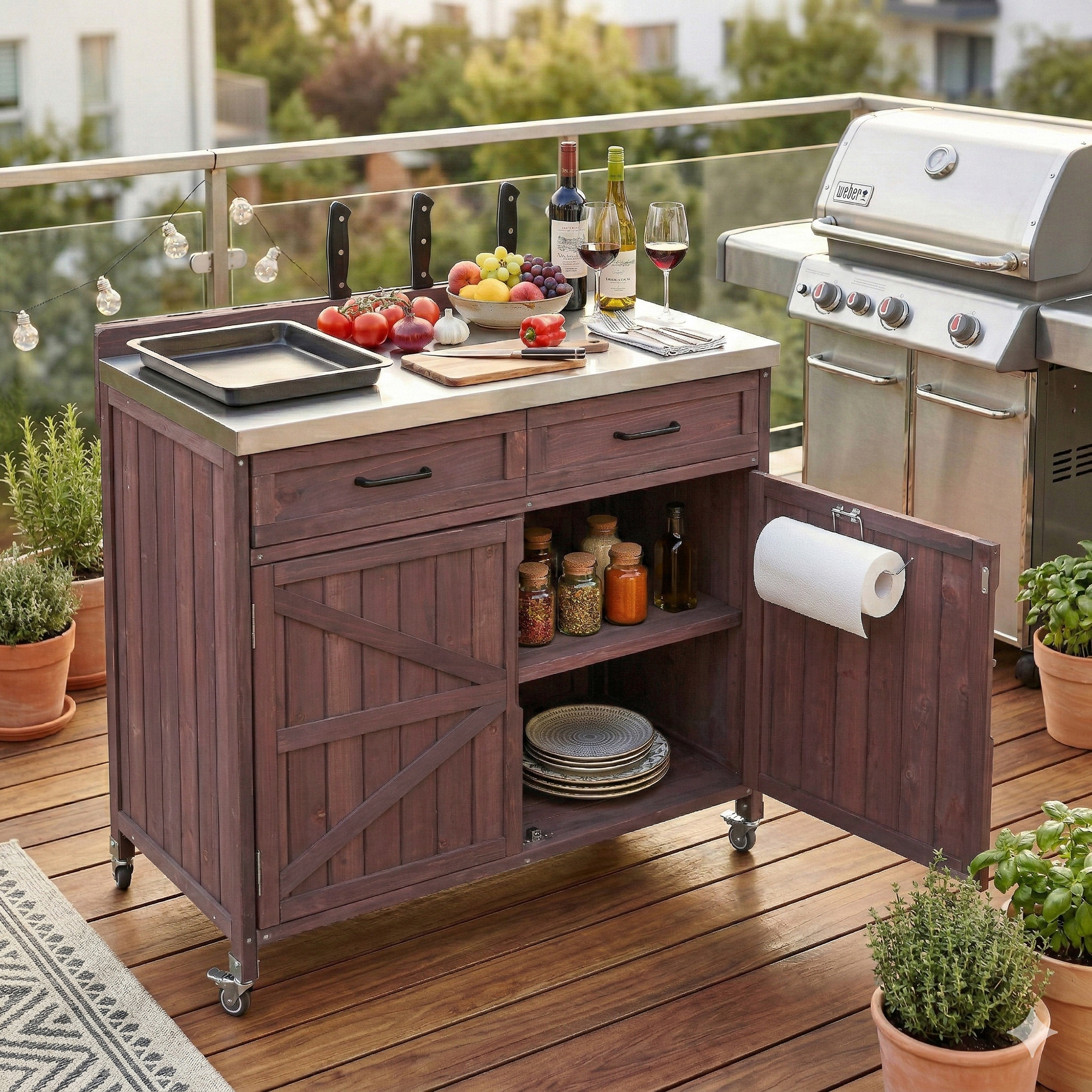 K&K 39.4″ Outdoor Kitchen Island with Stainless Table Top, Outdoor Storage Kitchen Cabinet with One Large Drawer, Adjustable Shelves, Internal Storage Racks & 4 Wheels for Pizza Prep, Dark Brown