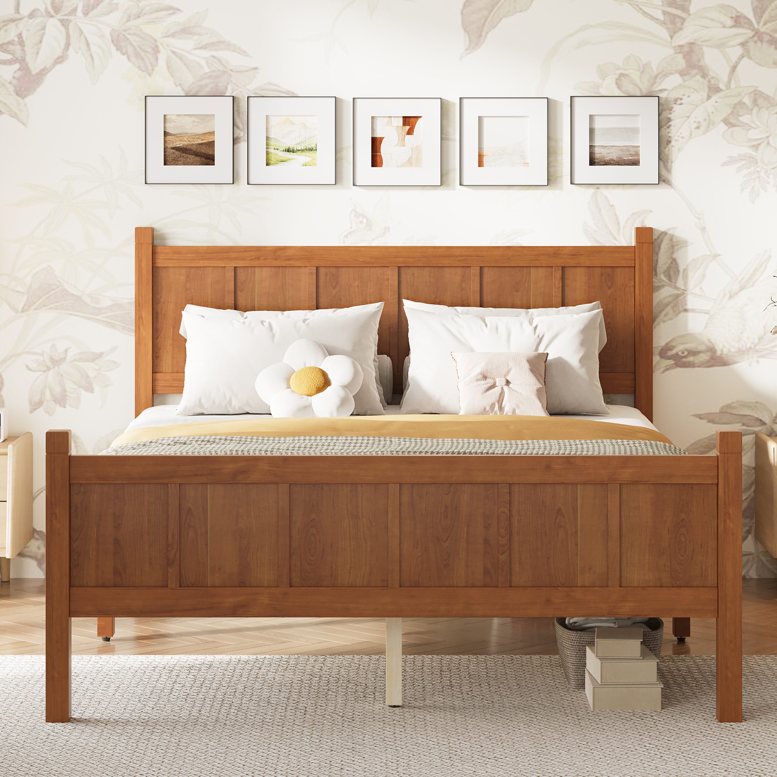 Full Size Flat Panel Bed with Headboard & Footboard, Minimalist Modern Platform Bed with Wood Grain Finish, Shaker and Farmhouse Style Design, Sleek and Functional Bedroom Furniture,Light Walnut