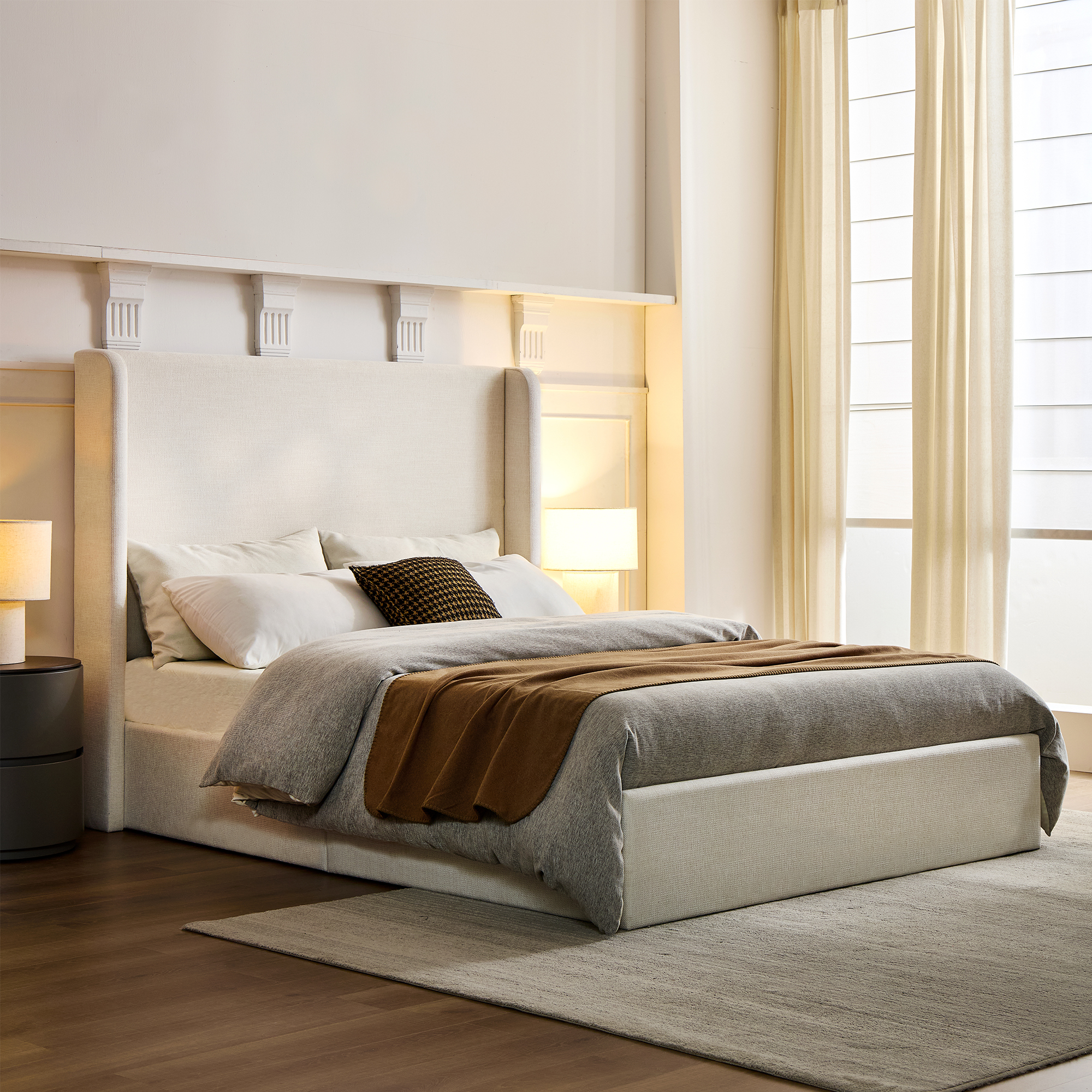 Carmen Upholstered Wingback Bed / Upholstered Platform Bed Frame / 52″ High Headboard / Simplicity / Minimalist / No Box Spring Needed  /  California King / Textured Ivory Canvas / No Noise