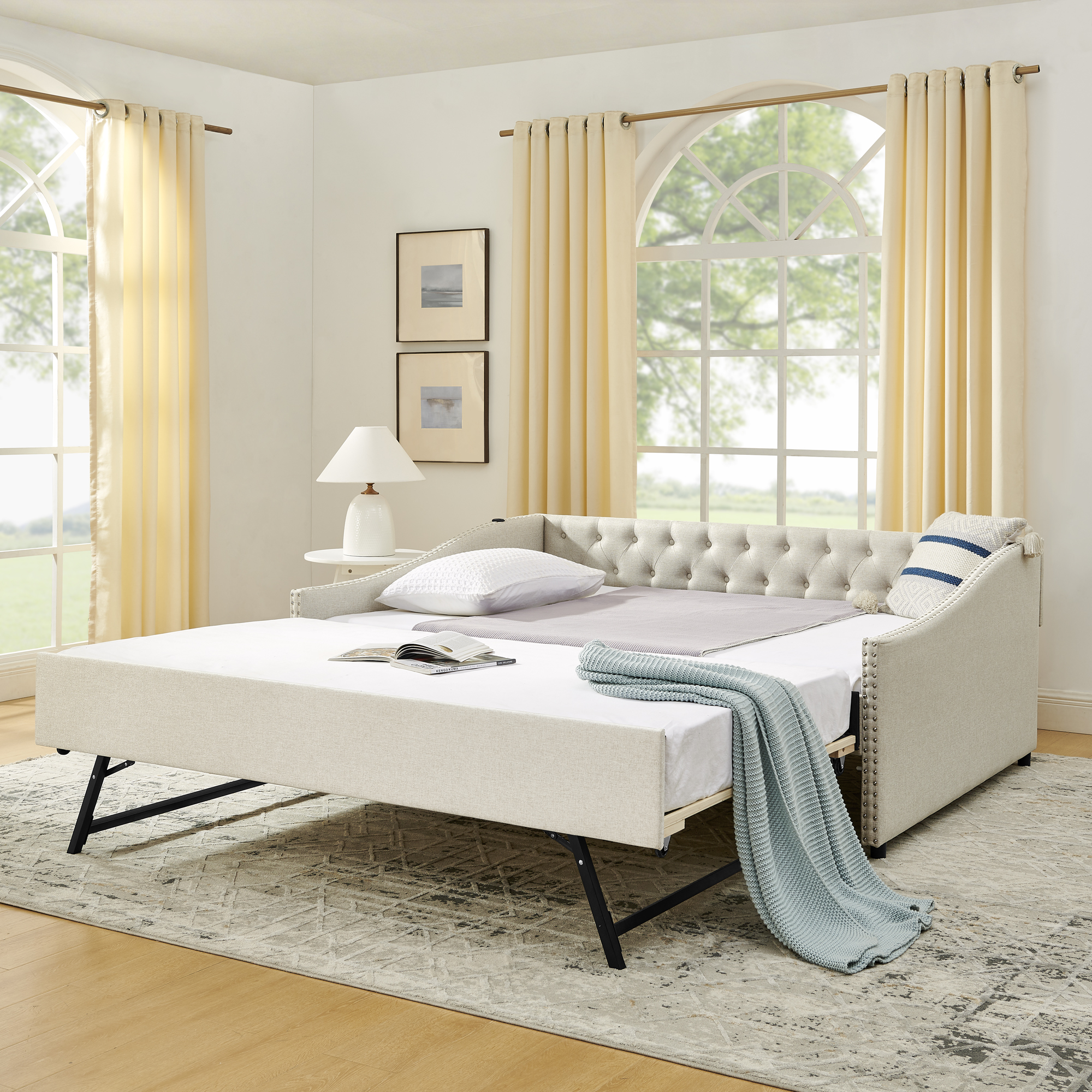 Full Size Daybed with USB Charging & Twin Size Pull-out Extendable Bed, with Button on Back and Copper Nail on Waved Shape Arms