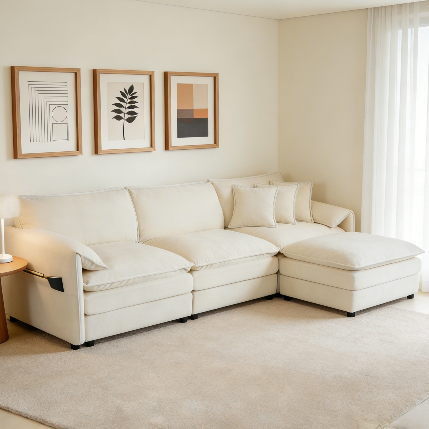 (Old:W3163S00019) Modular Sectional Sofa, Oversized Deep Seat L Shaped Couch Set for Living Room, 3-Seater Comfy Cloud Couches with Movable Ottoman, DIY Combination, Chenille,Beige