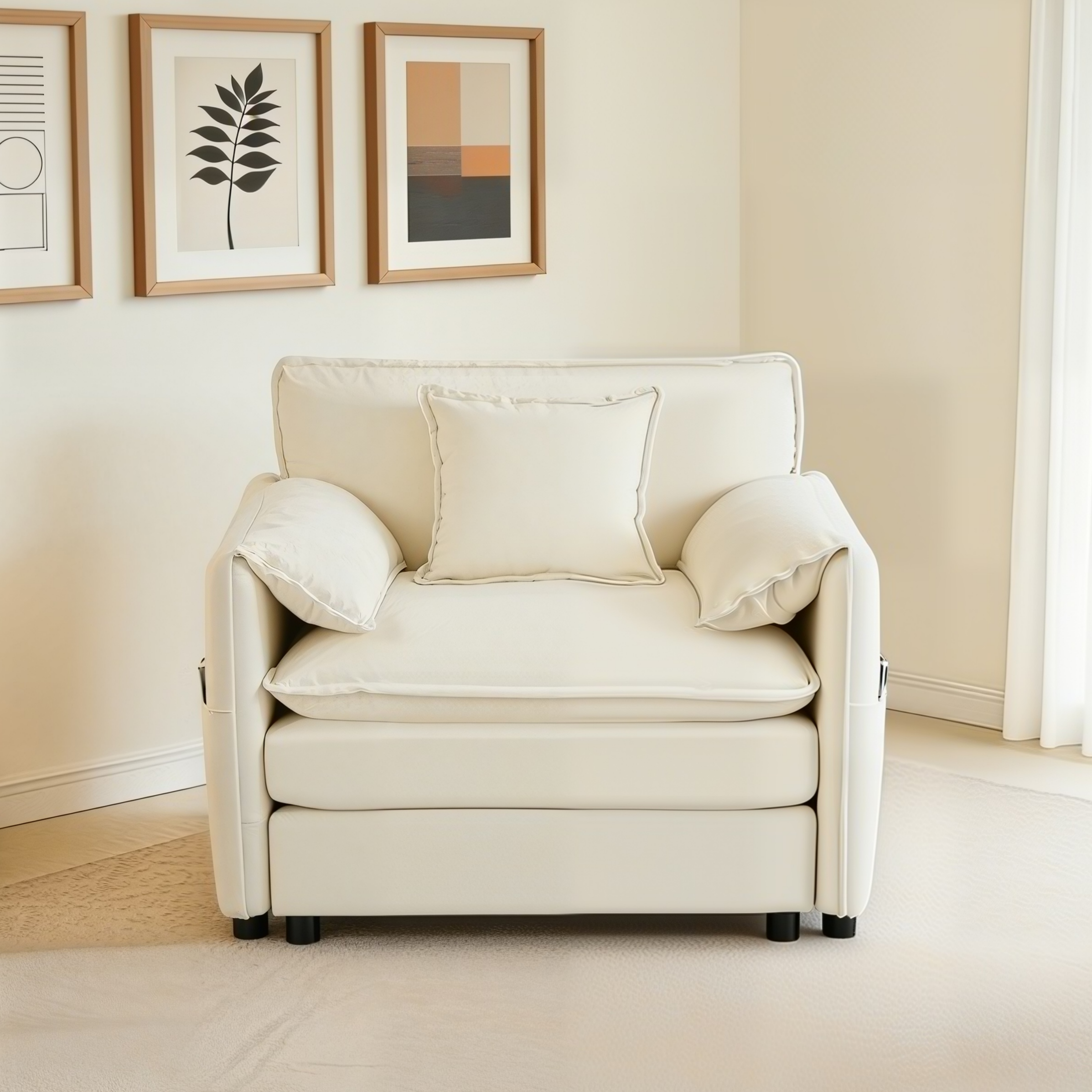 (Old:W3163P269202)Oversized 41.73″ Chenille Armchair with 1 Toss Pillow, Modern Modular Reading Chair for Living Room or Bedroom, Deep-Seat DIY Sectional Sofa,Chenille,Beige