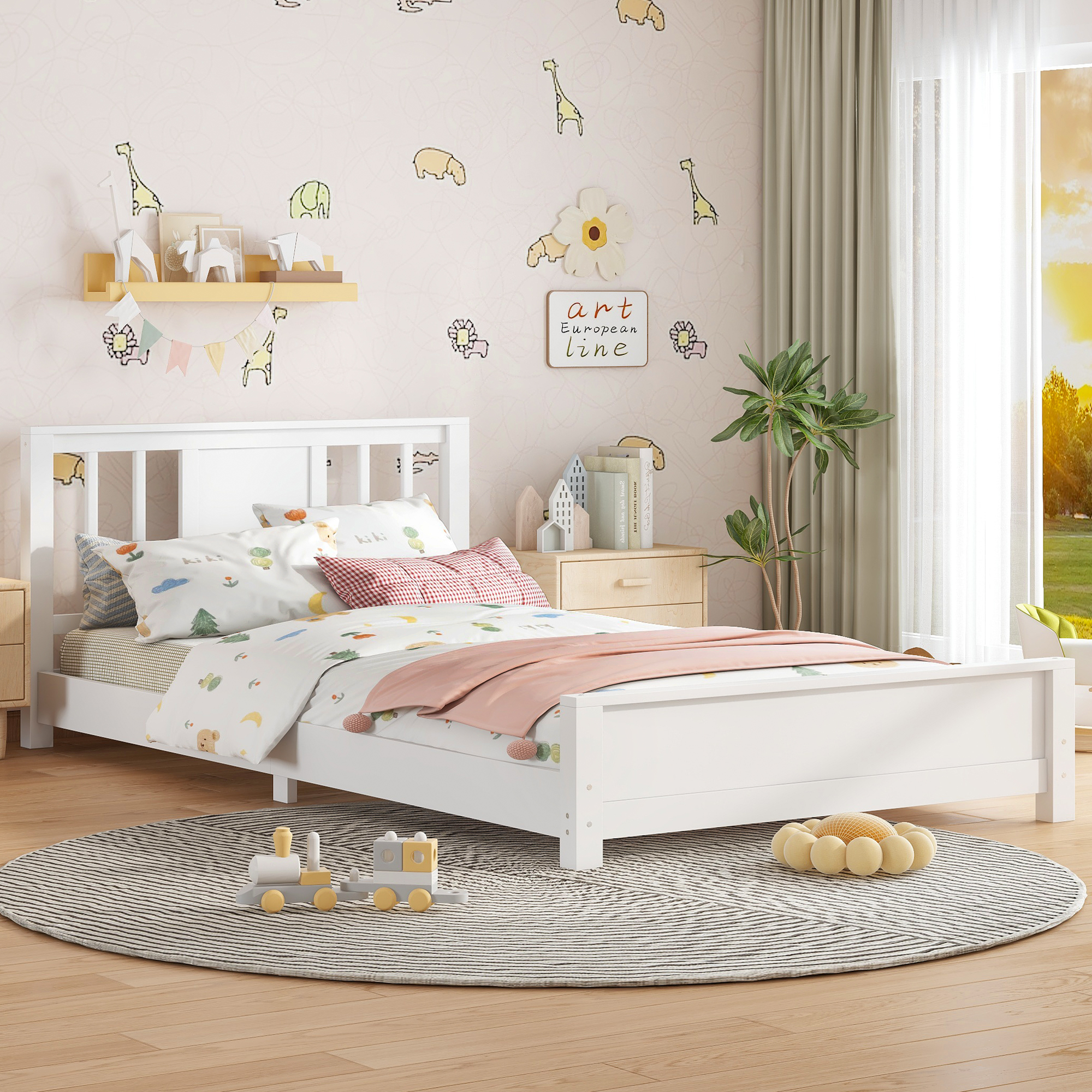 Twin Size Platform Bed Frame with Headboard, Solid Wood Low Profile Platform Bed Frame, Floor Bed with Support Slats, White
