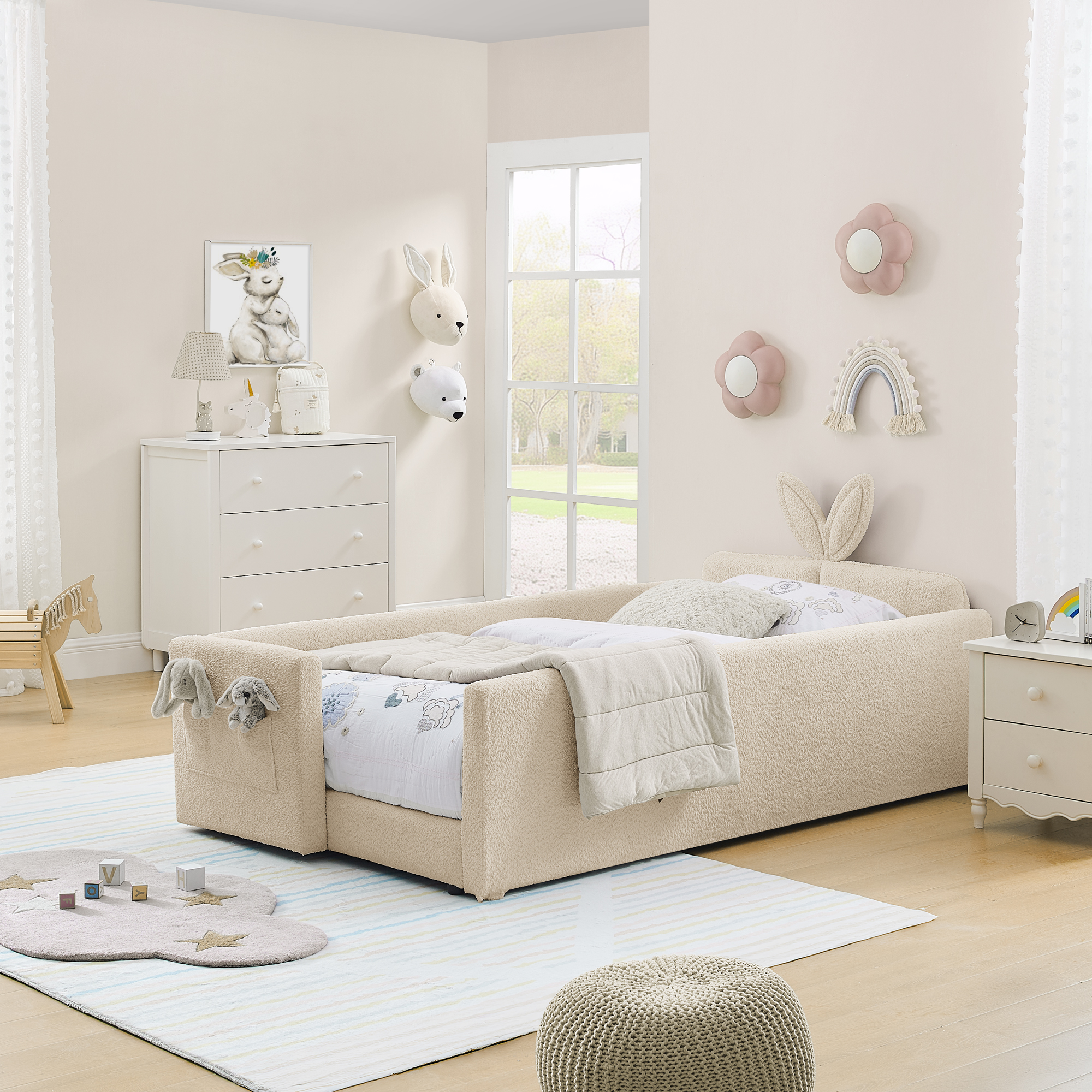Twin Size Upholstered Platform Bed with Cute Rabbit Ear Shaped Headboard, with Safety Rail and Pocket, Boucle Fabric