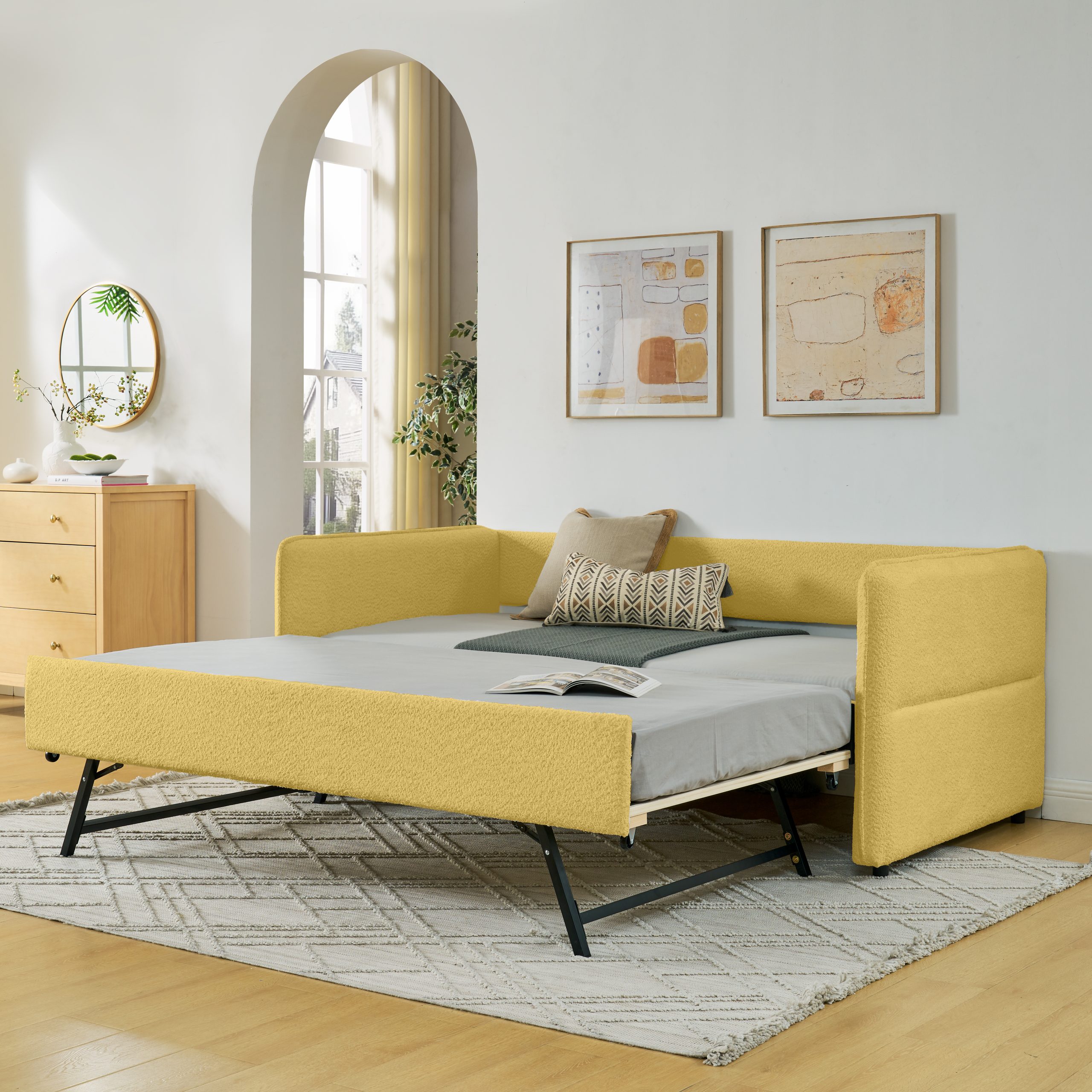Daybed with Twin Size Pop-up Trundle Upholstered Tufted Sofa Bed, Twin Size, Boucle Fabric (83″x43″x29.5″)