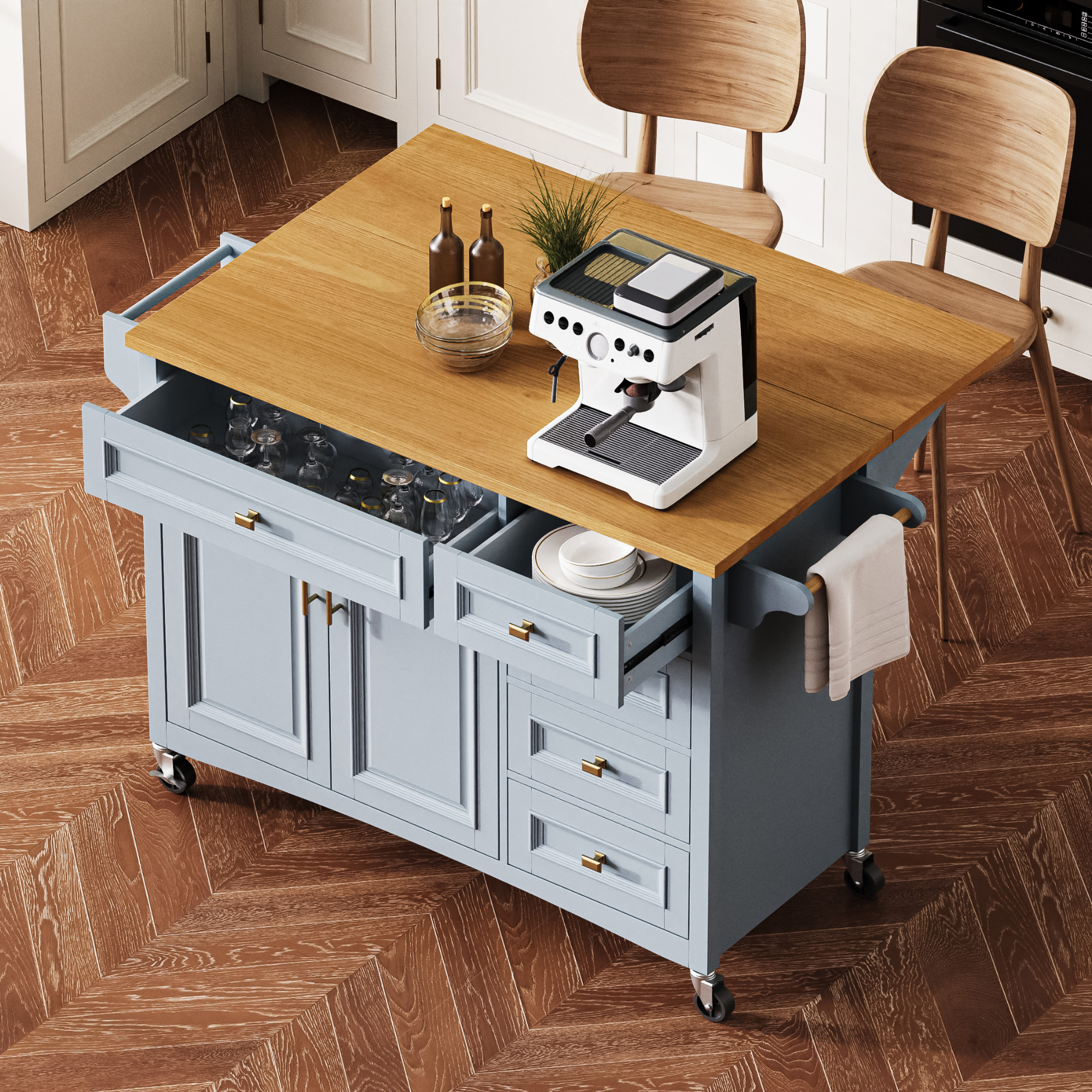 K&K 52” Kitchen Island with Drop Leaf, Embossed Texture Kitchen Island on Wheels with Spice Rack, Towel Rack, 2 Doors and 5 Drawers, Kitchen Storage Cart with Adjustable Shelf for Kitchen, Blue Grey