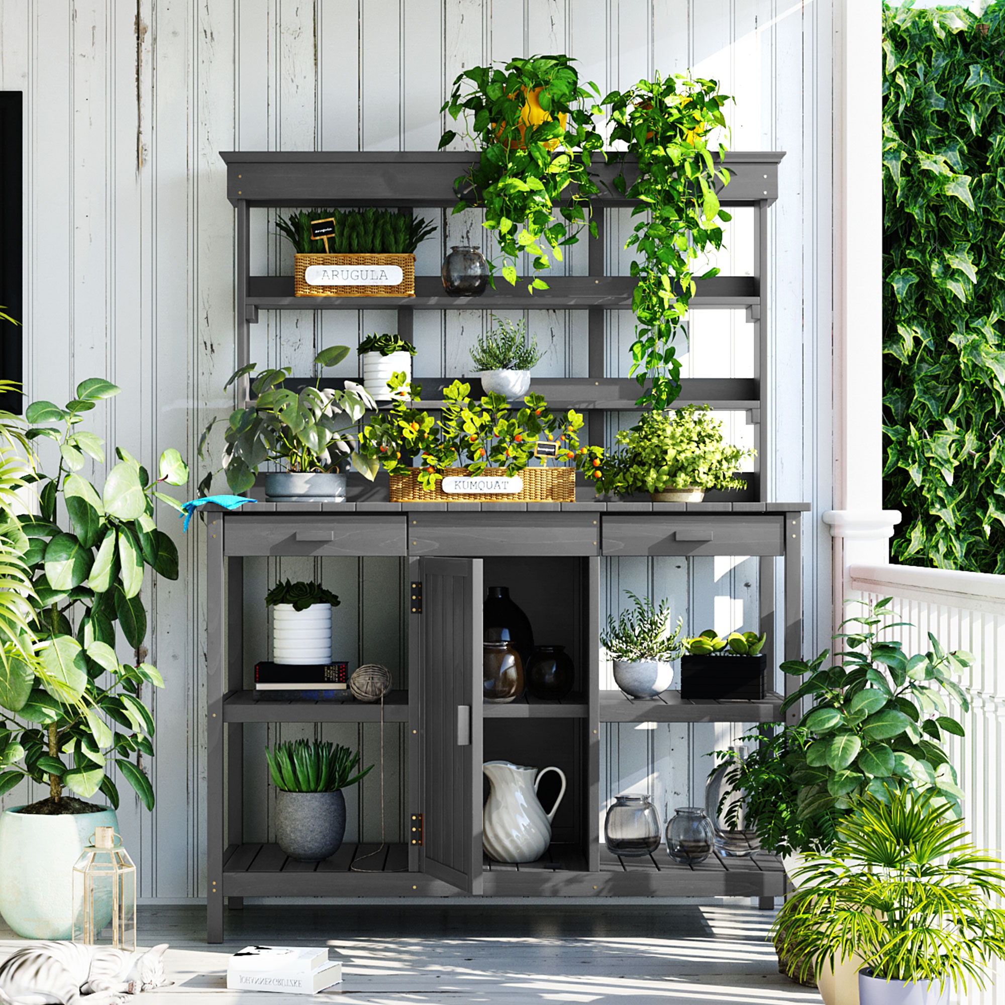TOPMAX 66” Large Outdoor Farmhouse Wooden Potting Bench Table, Garden Workstation with 2 Drawers,Cabinet and Open Shelves for Backyard, Mudroom, Gray