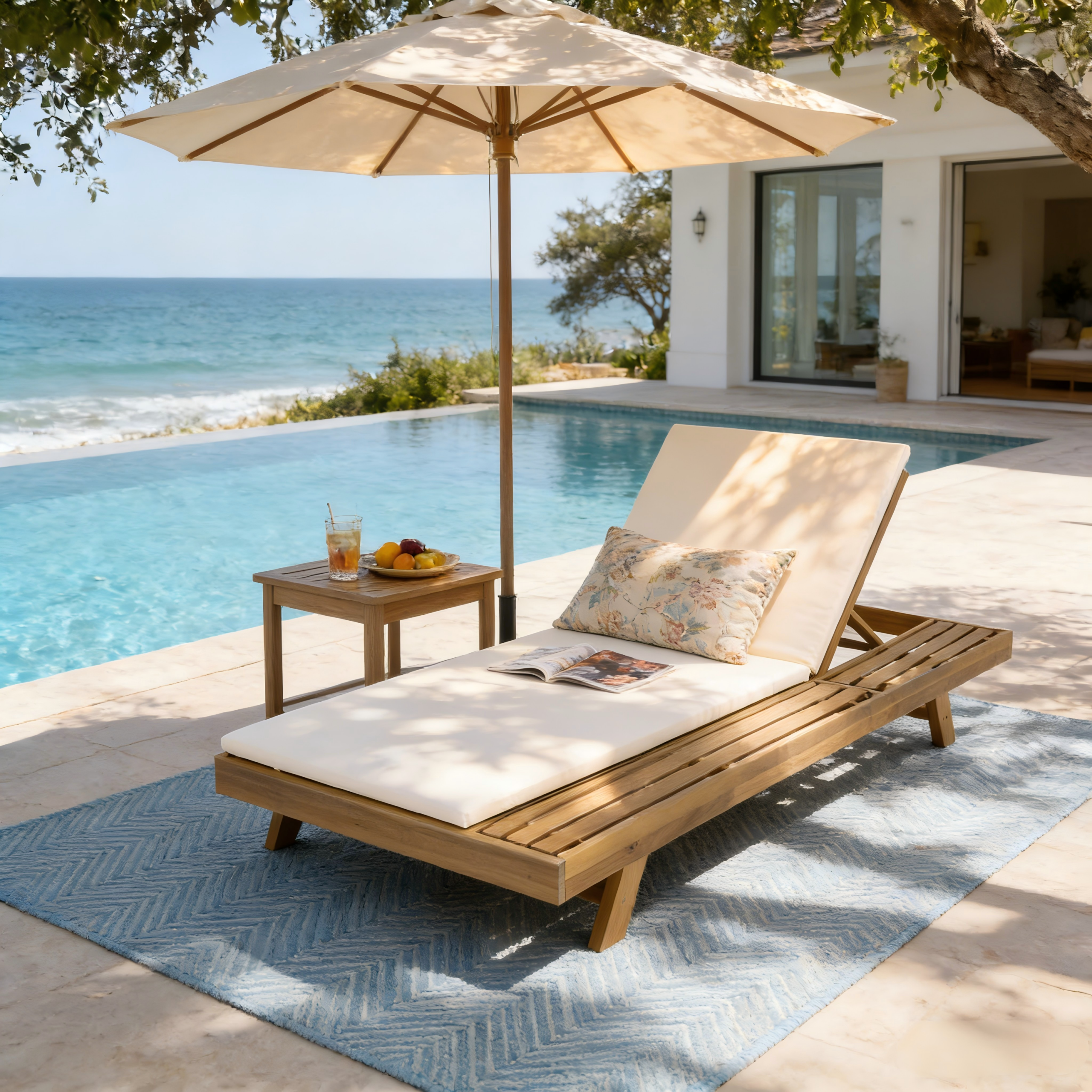 Lounge Chaise Set, Space Available On One Side, Acacia Wood In light brown With Water-Resistant Lounge Cushions (Cream & 2 Inch Thick) – Matching Dark Grey/Leaf Coconut Version Available