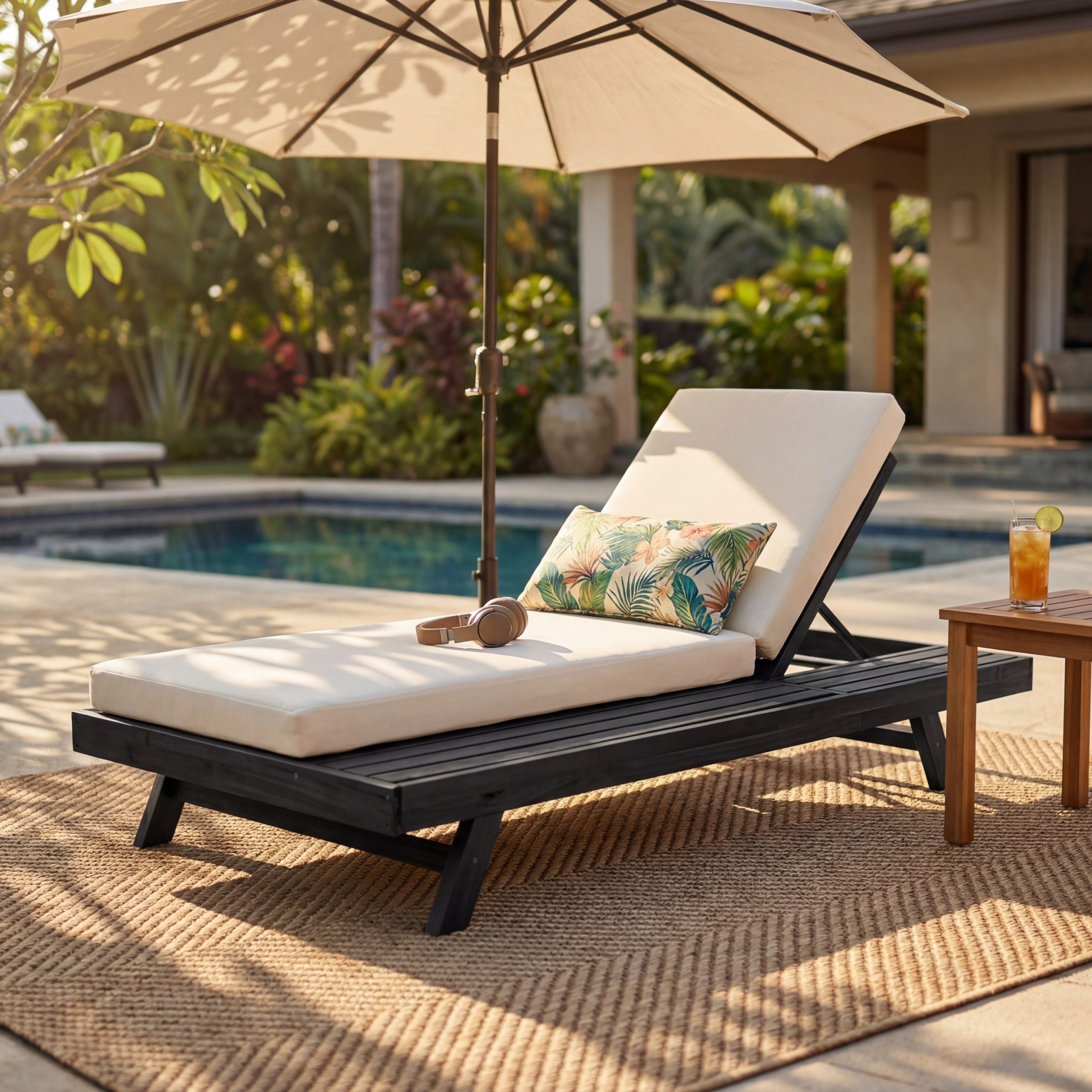 Lounge Chaise Set, Space Available On One Side, Acacia Wood In Black With Water-Resistant Lounge Cushions (Cream & 4 Inch Thick) – Matching Dark Grey Version Available