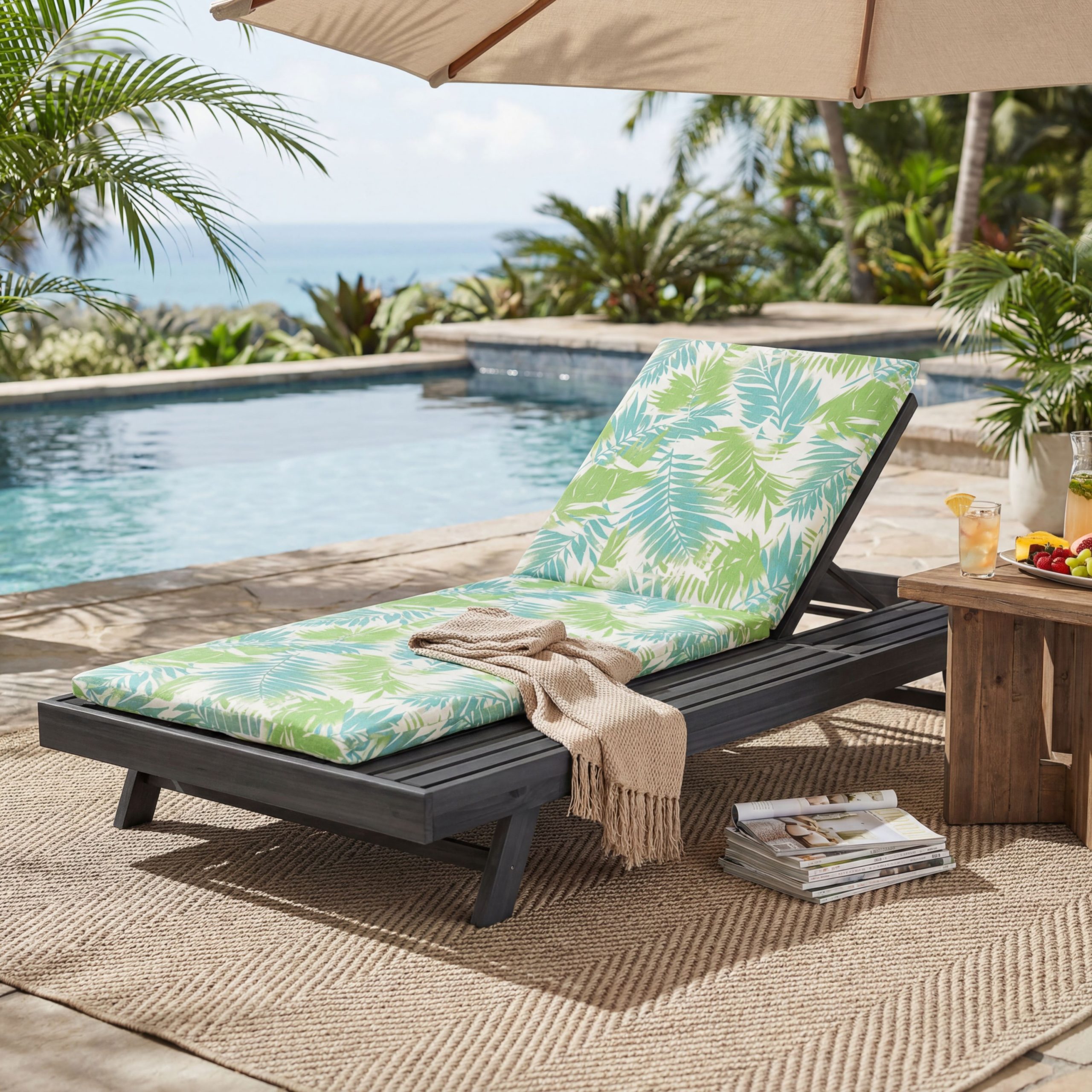 Lounge Chaise Set, Space Available On One Side, Acacia Wood In Black With Water-Resistant Lounge Cushions (Leaf Coconut & 2 Inch Thick) – Matching Cream/Dark Grey Version Available