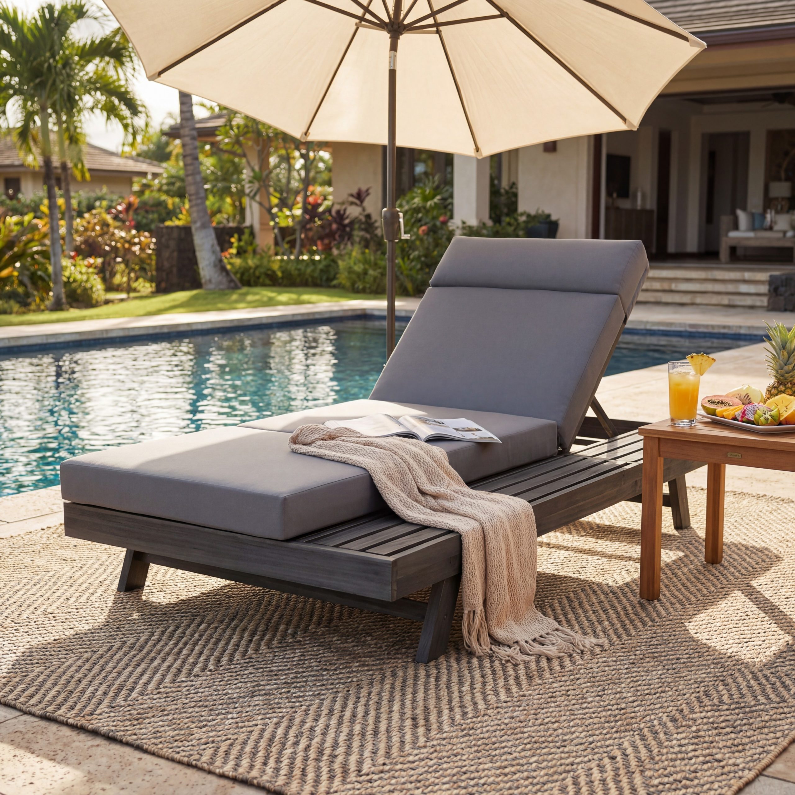 Lounge Chaise Set With Headrest, Space Available On One Side, Acacia Wood In Black With Water-Resistant Lounge Cushions (Dark Grey & 3-Fold & 4 Inch) – Matching Cream/Beige Version Available