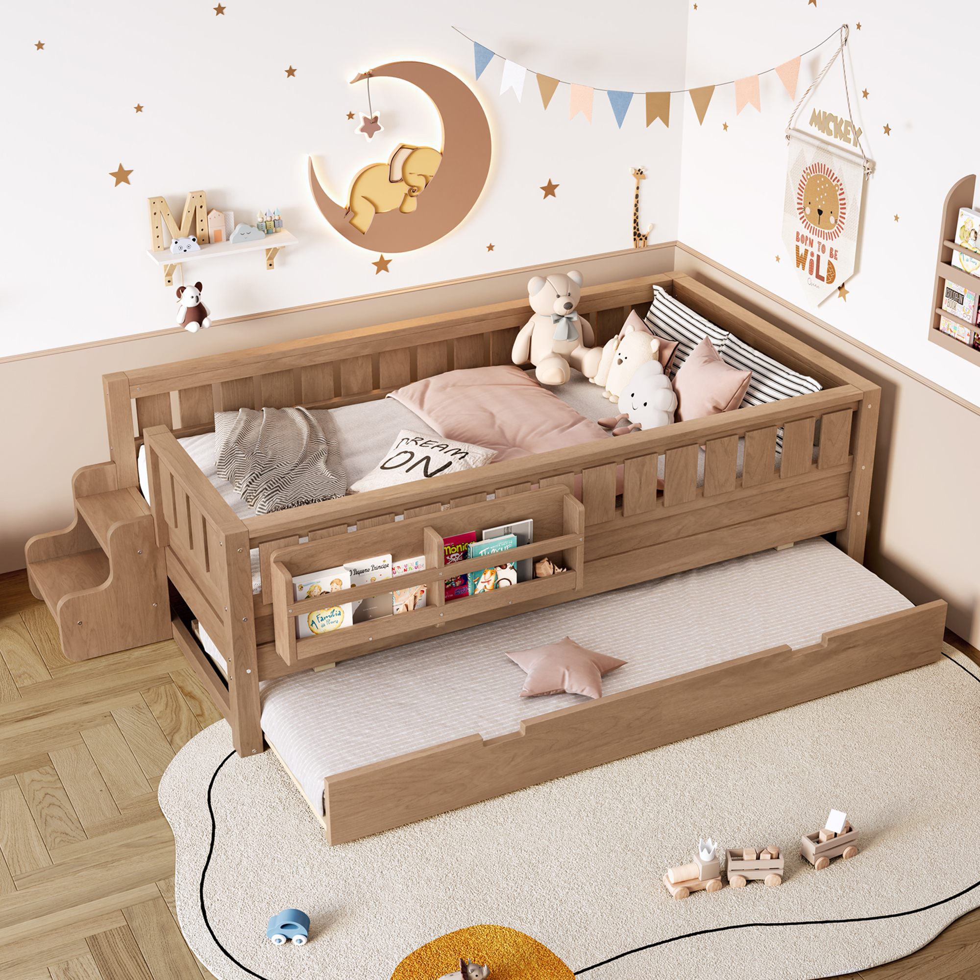 Twin with built-in bookshelves and small staircase, high-quality safety rails, and Trundle,Natural