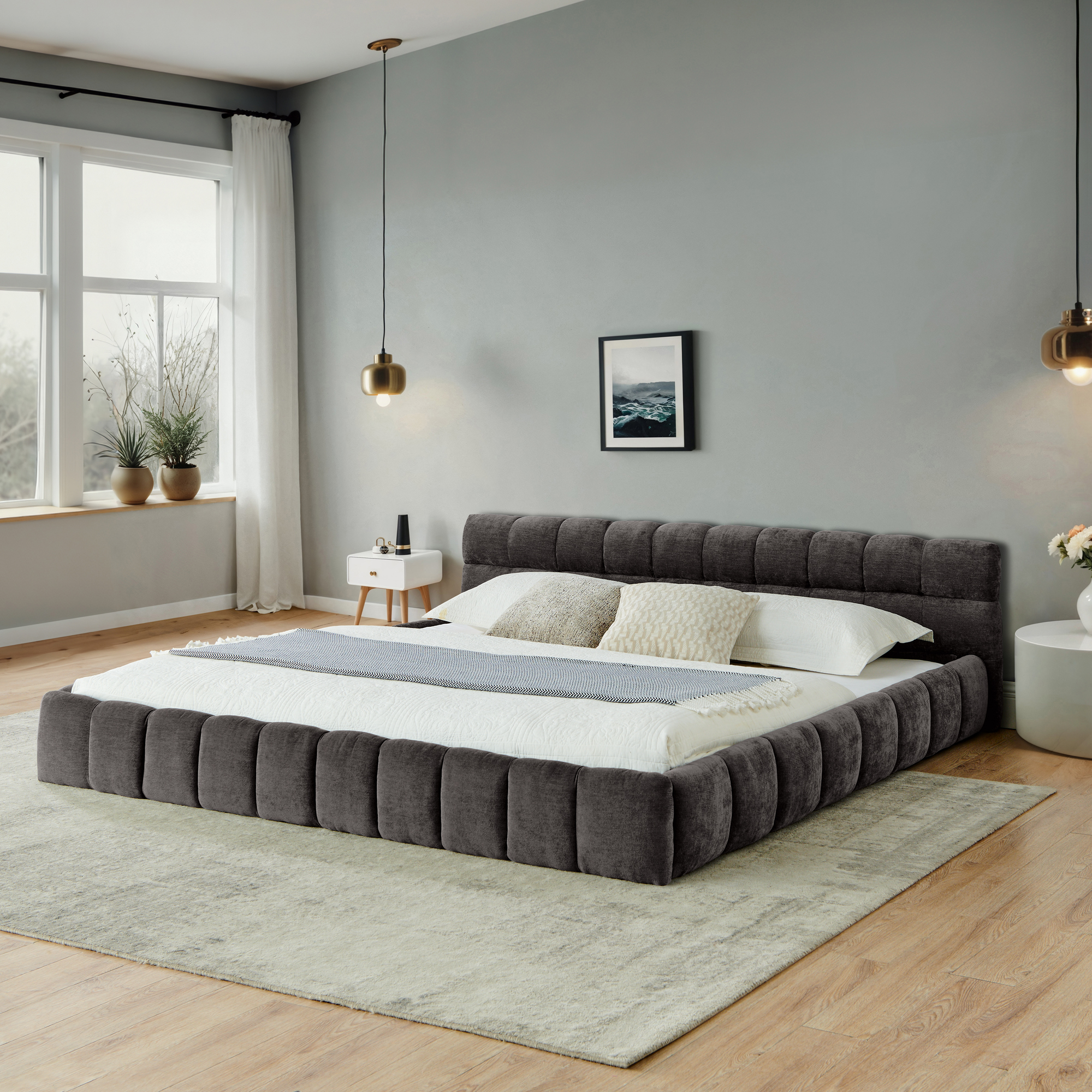 California King size Upholstered Bed Frame with Thick Fabric, Chenille Fabric Grounded California King Platform Bed with Headboard and Solid Frame. No Box Spring Needed-Dark Gray(90.5”*80.5”*31”)