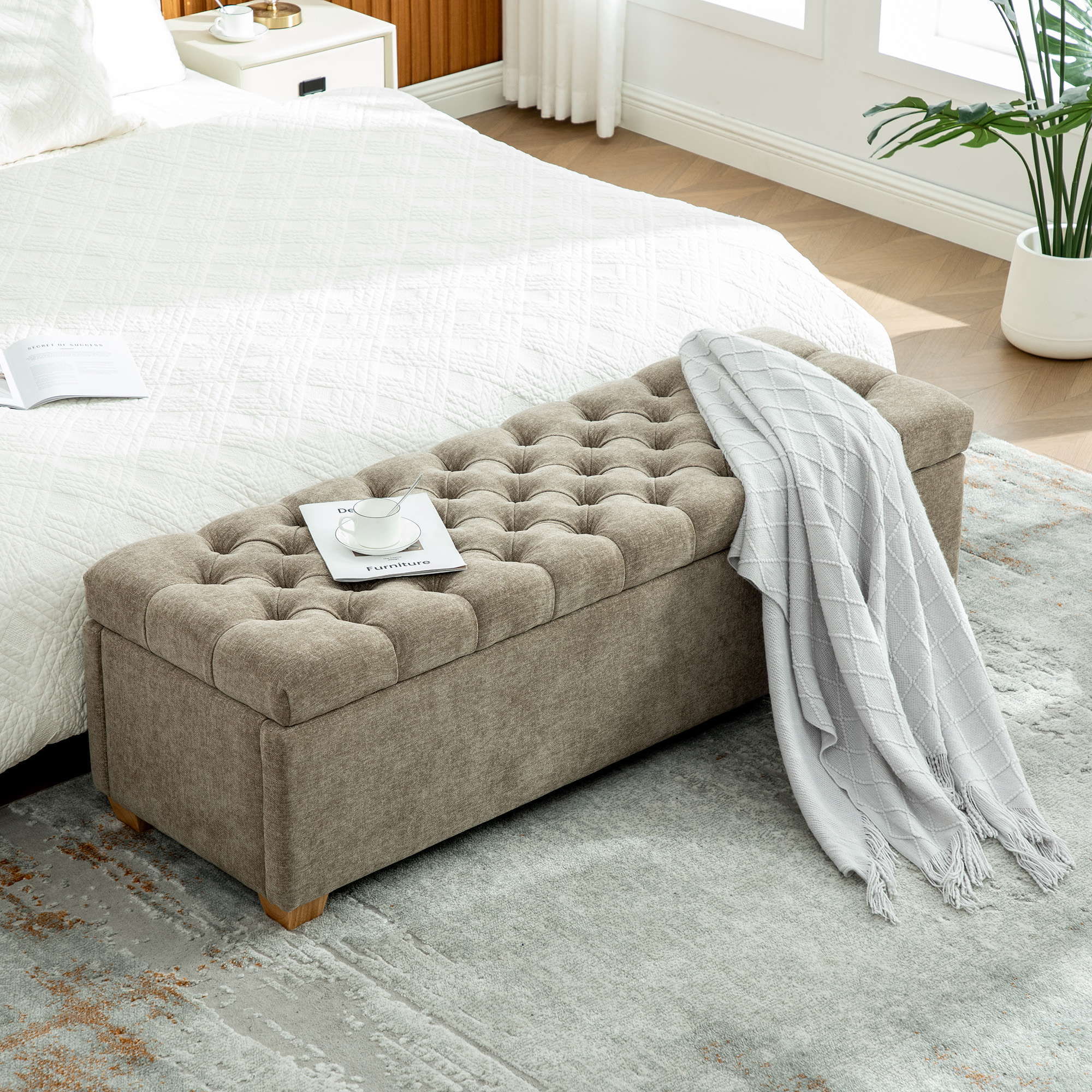 60.2” Wide Chenille Upholstered End of Bed Storage Bench, Tufted Flip-Top Accent Window Bench Footrest Stool Ottoman with Legs for Bedroom, Living Room, Entryway, Dining Room, Dorm, Corner, Taupe