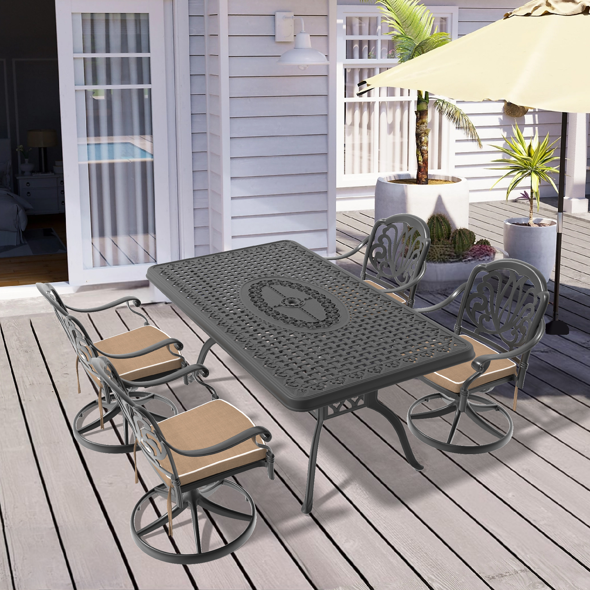 5-Piece All-Weather Cast Aluminum Dining Set, Include 4 Swivel Chairs and Rectangular Table With Black Frame