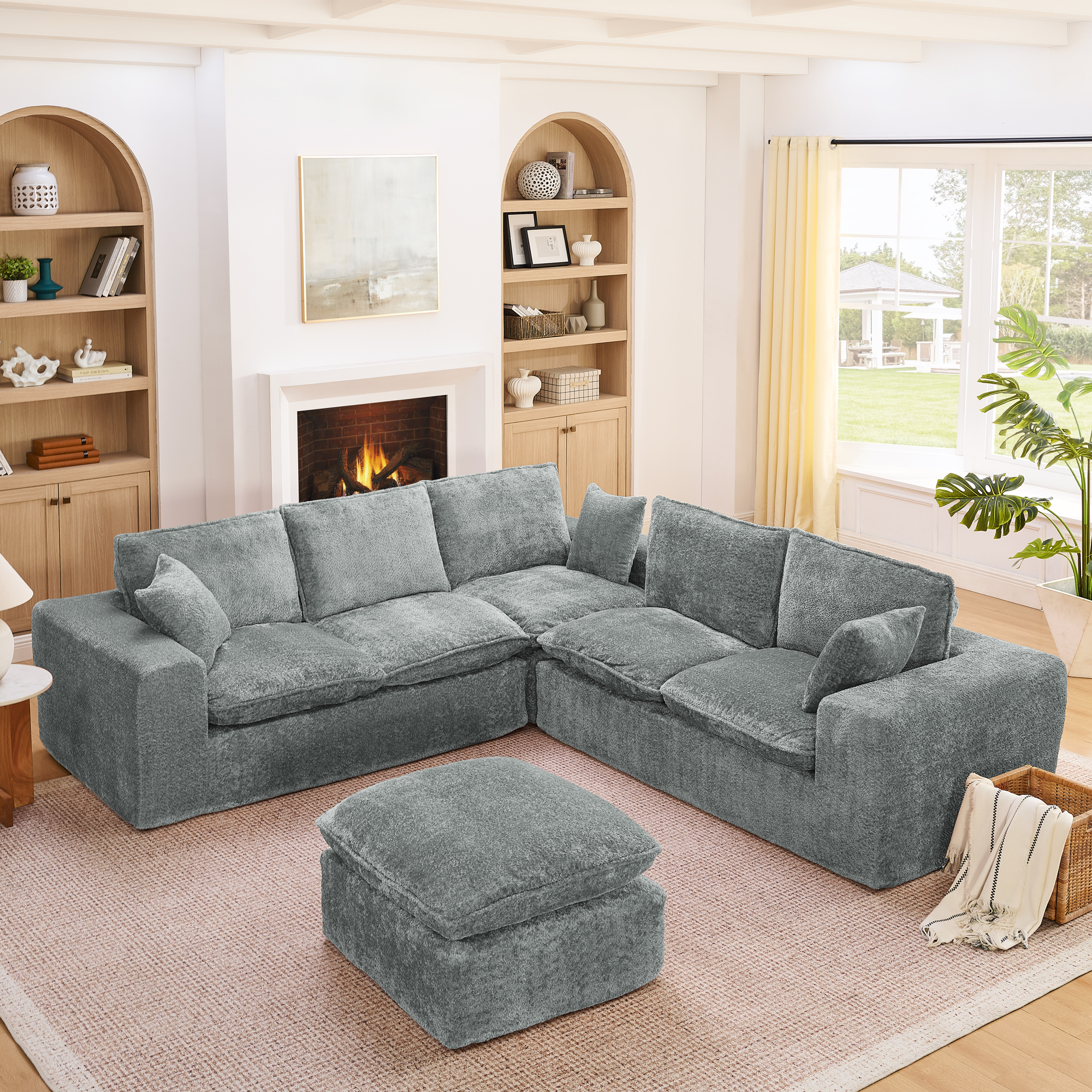 107” Modern Boucle L-shaped Sectional Sofa with Moveable Ottoman for Living Room, Comfy Cloud Couch with Pillows, DIY Combination