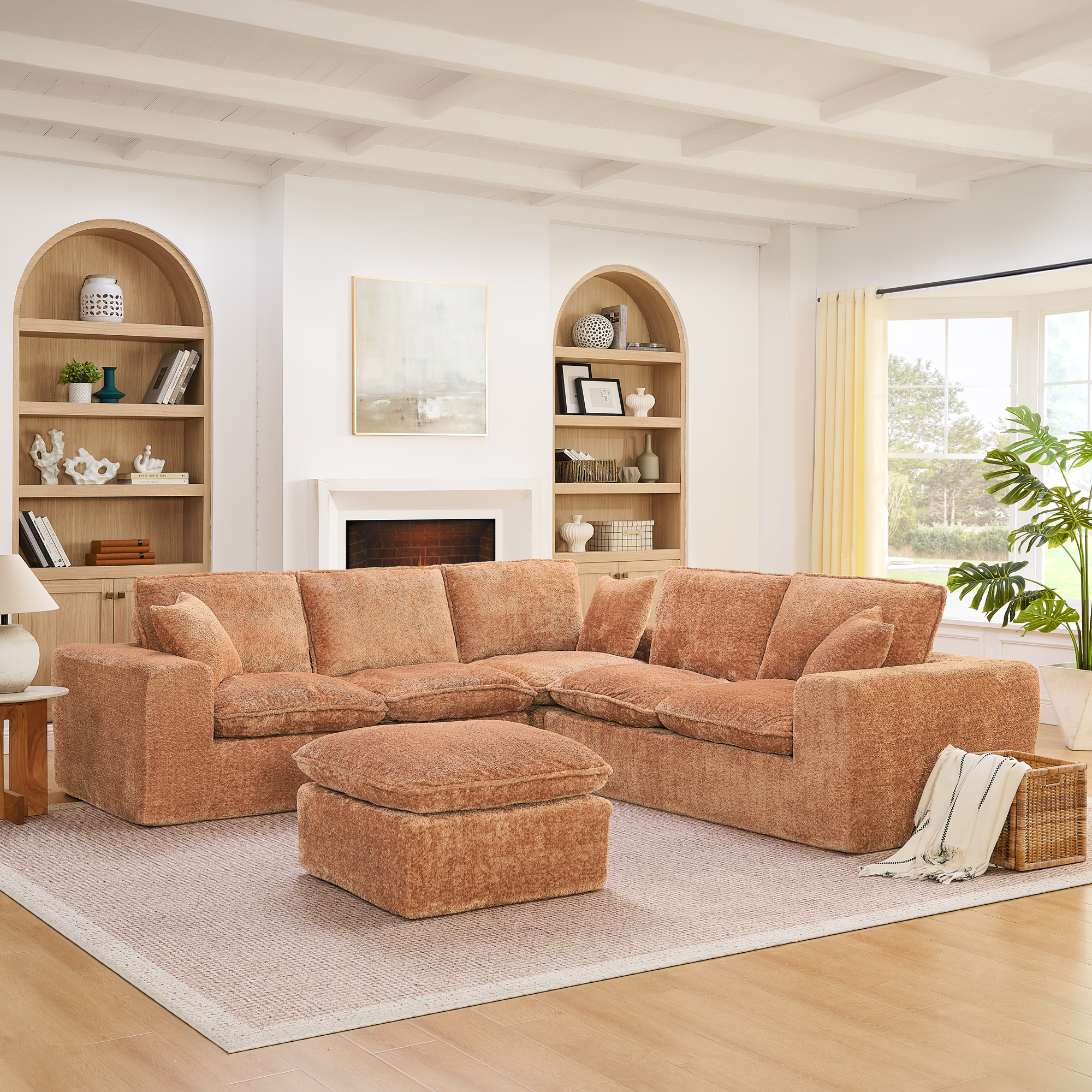 107” Modern Boucle L-shaped Sectional Sofa with Moveable Ottoman for Living Room, Comfy Cloud Couch with Pillows, DIY Combination