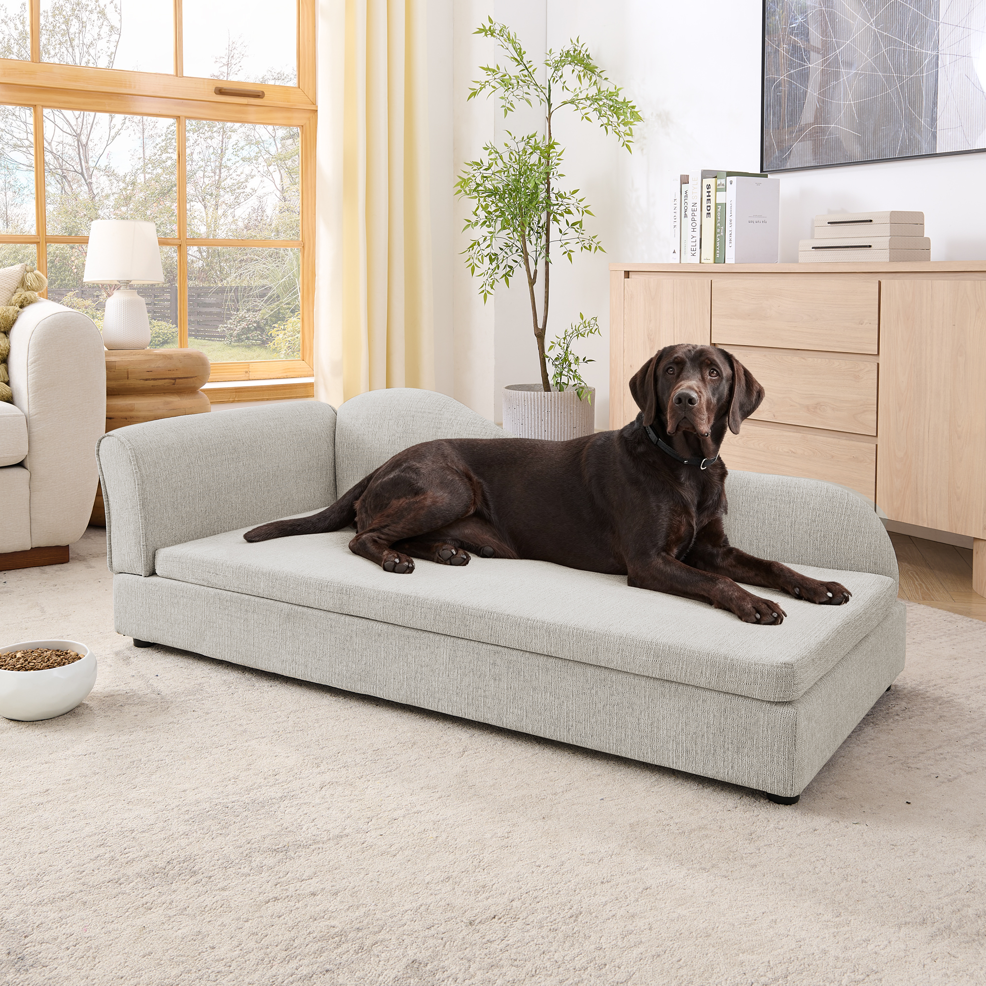 Oversized Pet Sofa for Medium/Large Dogs – Modern Irregular Wave Backrest, Single Armrest, Premium Breathable Linen Fabric, Soft Cushion & Low Plastic Feet-Beige