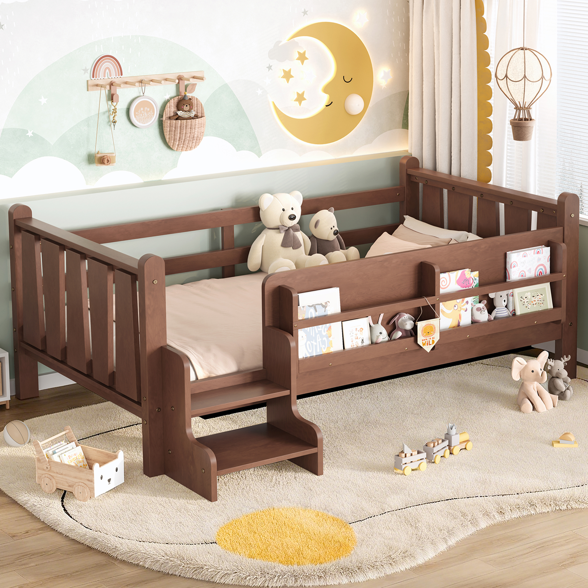 Twin Size Floor Bed with Storage Bookcases, Solid Wood Kids Floor Bed with Cute Stairs and Guardrails, No Box Spring Needed, Natural