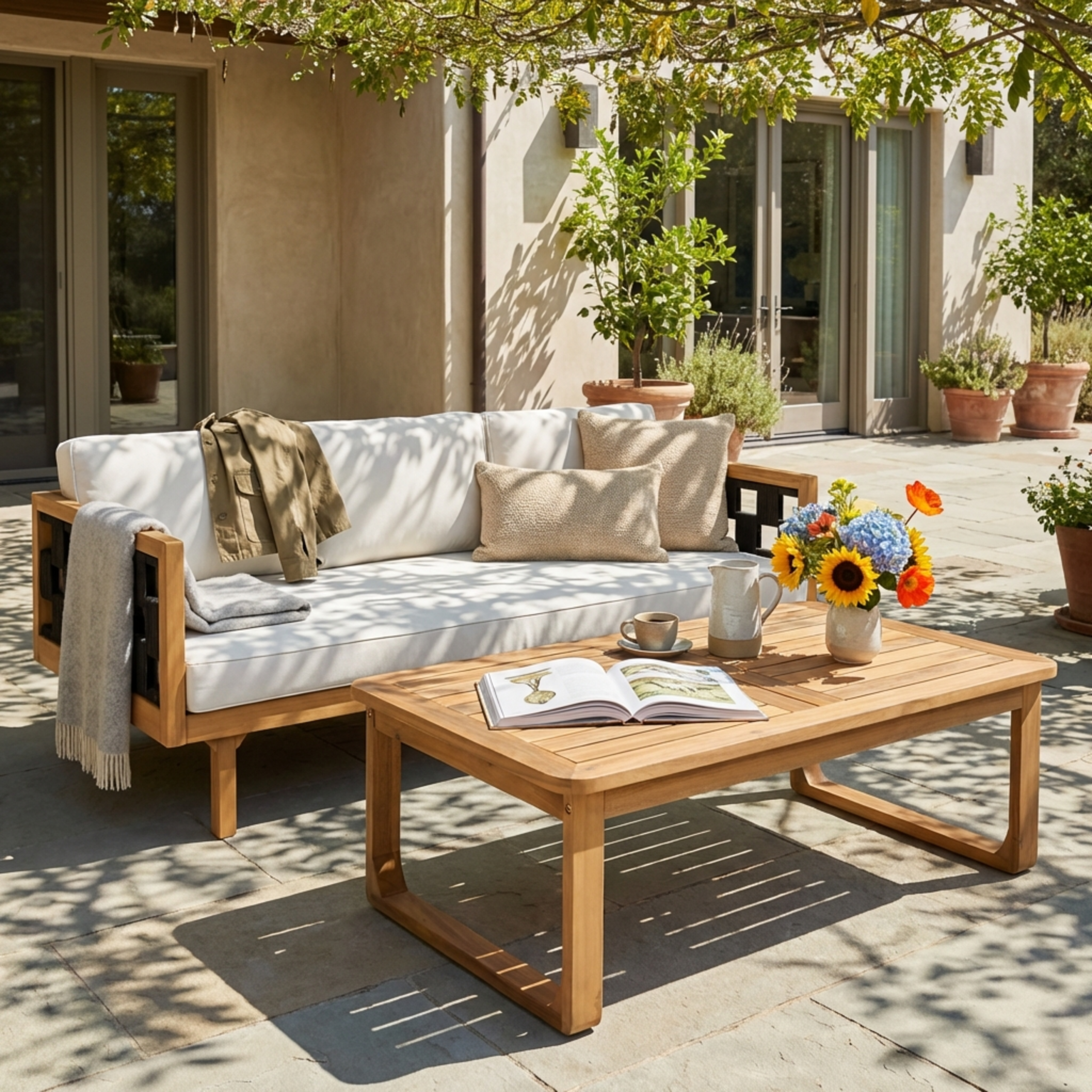 2-Piece Outdoor Patio Set: Acacia Wood Daybed with Light Grey Cushions & Black Rope + Rectangular Coffee Table with Curved Legs, Light Teak Finish, Modern Minimalist Design, For Deck, Garden, Poolside