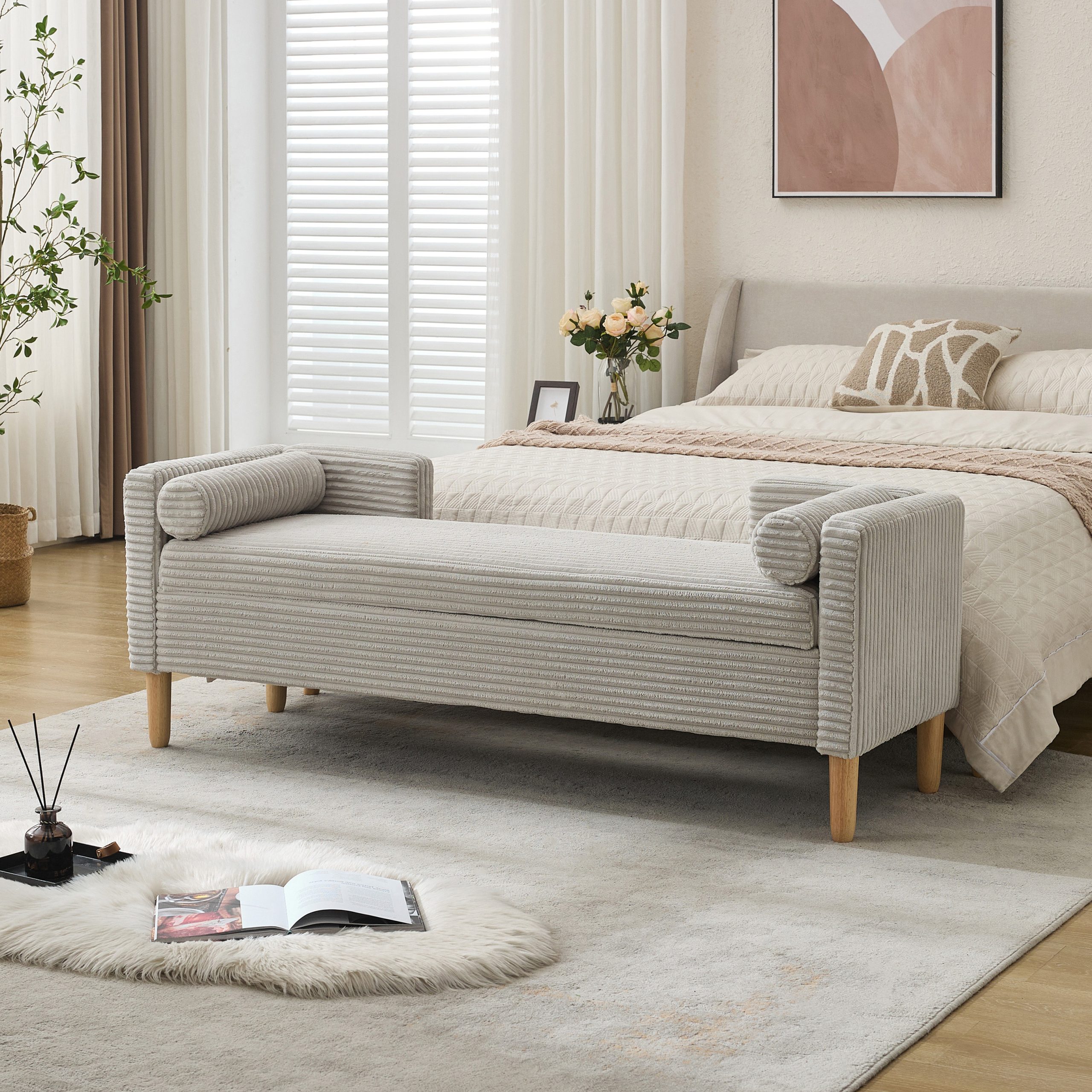 65.35″Wide Upholstered Flip-top Storage Accent Bed Bench, Corduroy Footrest Ottoman with Armrest&Backrest&2 Bolster Pillows Wood Legs for Living Room, End of Bed, Hallway, Entryway Bedroom. Light Gray