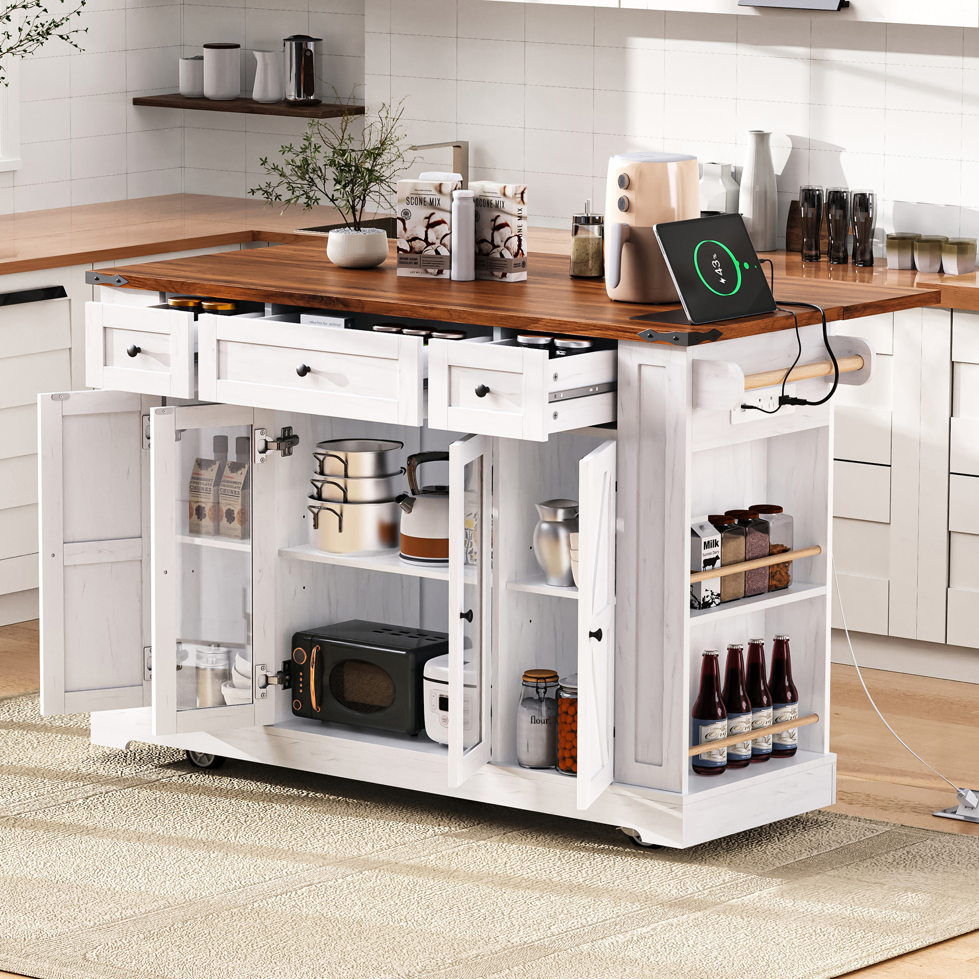 K&K 53” Farmhouse Kitchen Island with Two Tempered Glass Cabinet Doors, Power Outlet, Rolling Kitchen Cart on Wheels with Drop Leaf, 5 Open Side Racks, 3 Drawers, for Kitchen, Dining Room, White