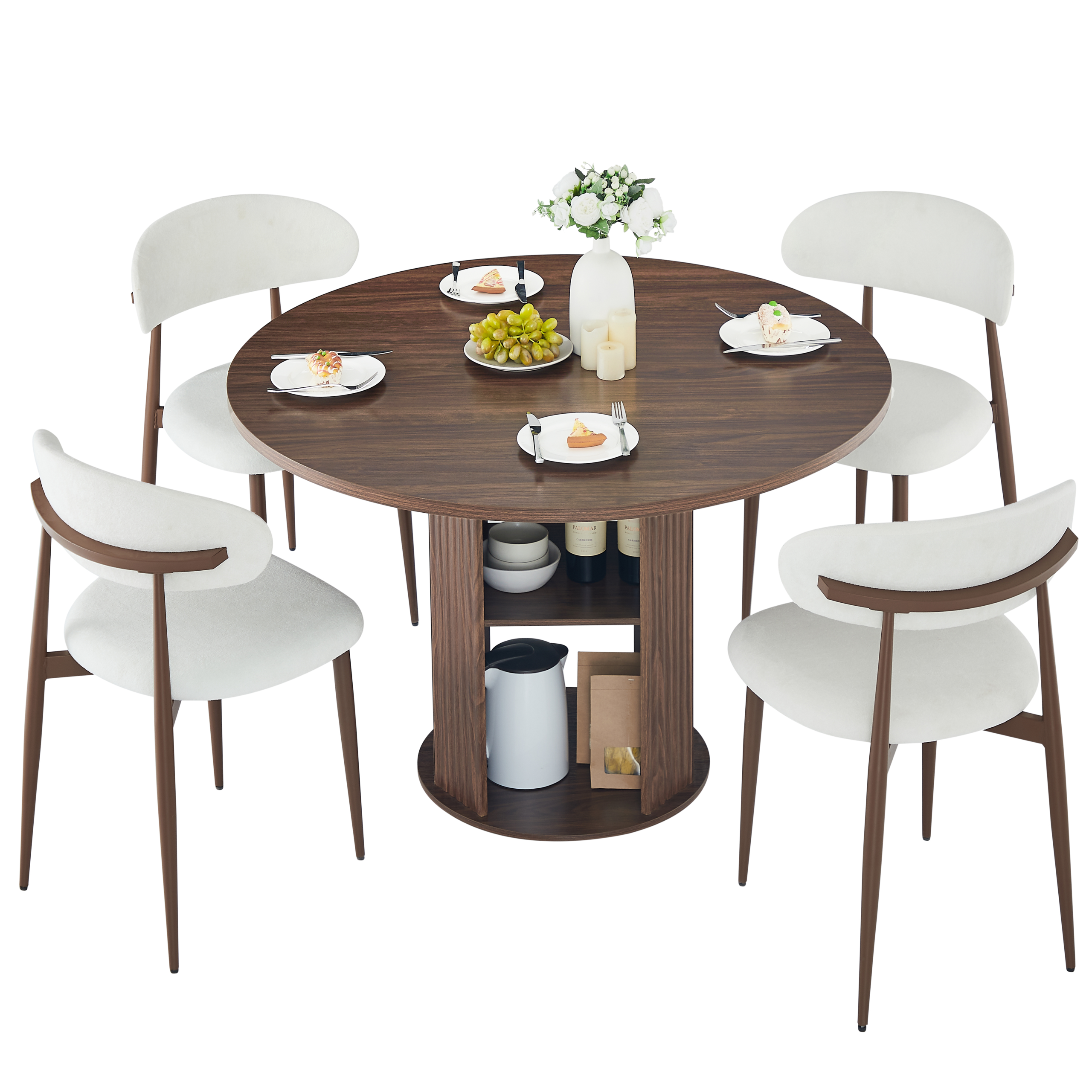 47.24″ Round Dining Table (Serves 2–4) with Two Dining Chairs Blends modern and farmhouse styles, featuring a double-tiered storage shelf, suitable for dining rooms or living spaces.Walnut