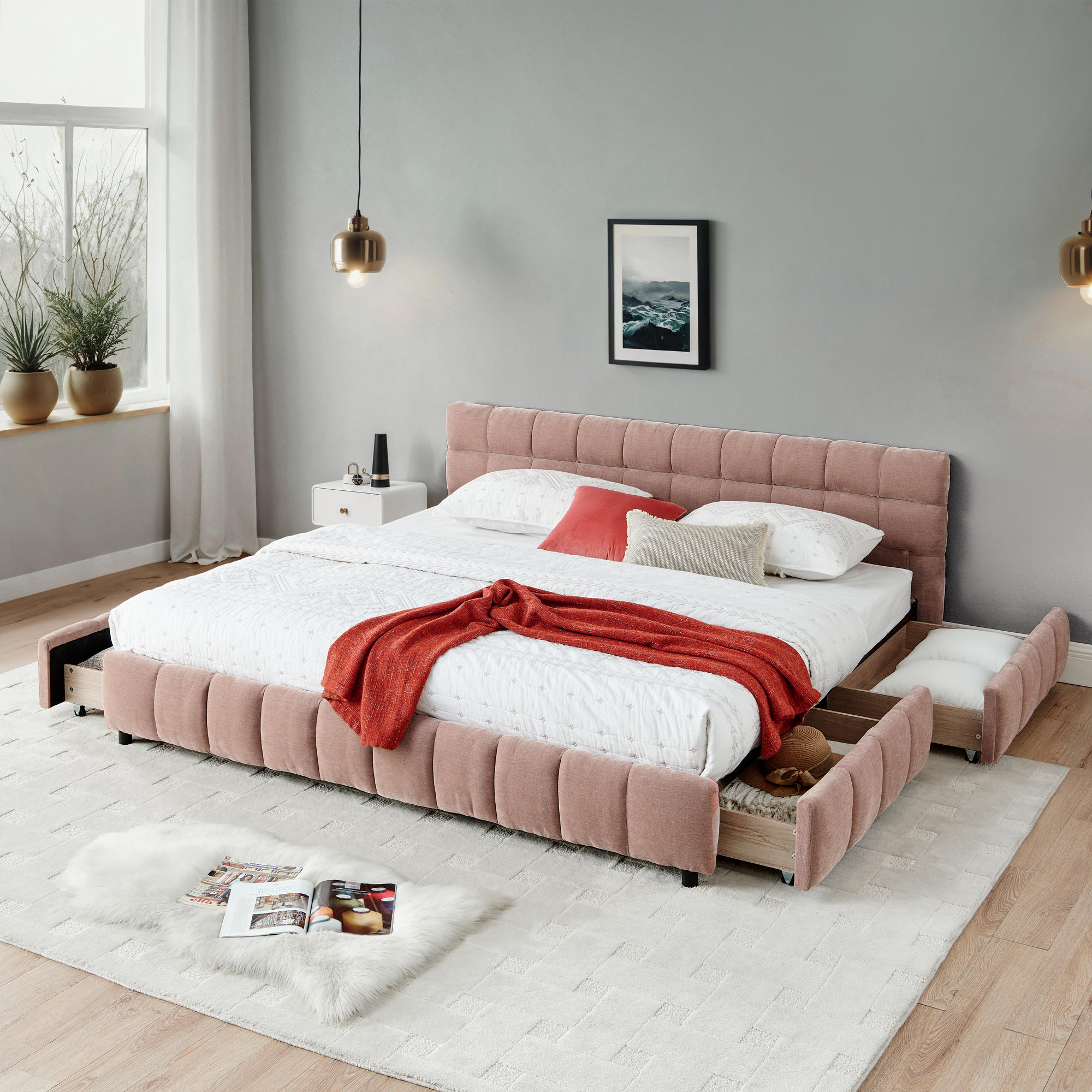 California King size Upholstered Bed ,comfortable upholstered bed frame, Chenille fabric, with headboard and solid bed frame. With drawer for storage.-Pink(90.5”*80.5”*31”)