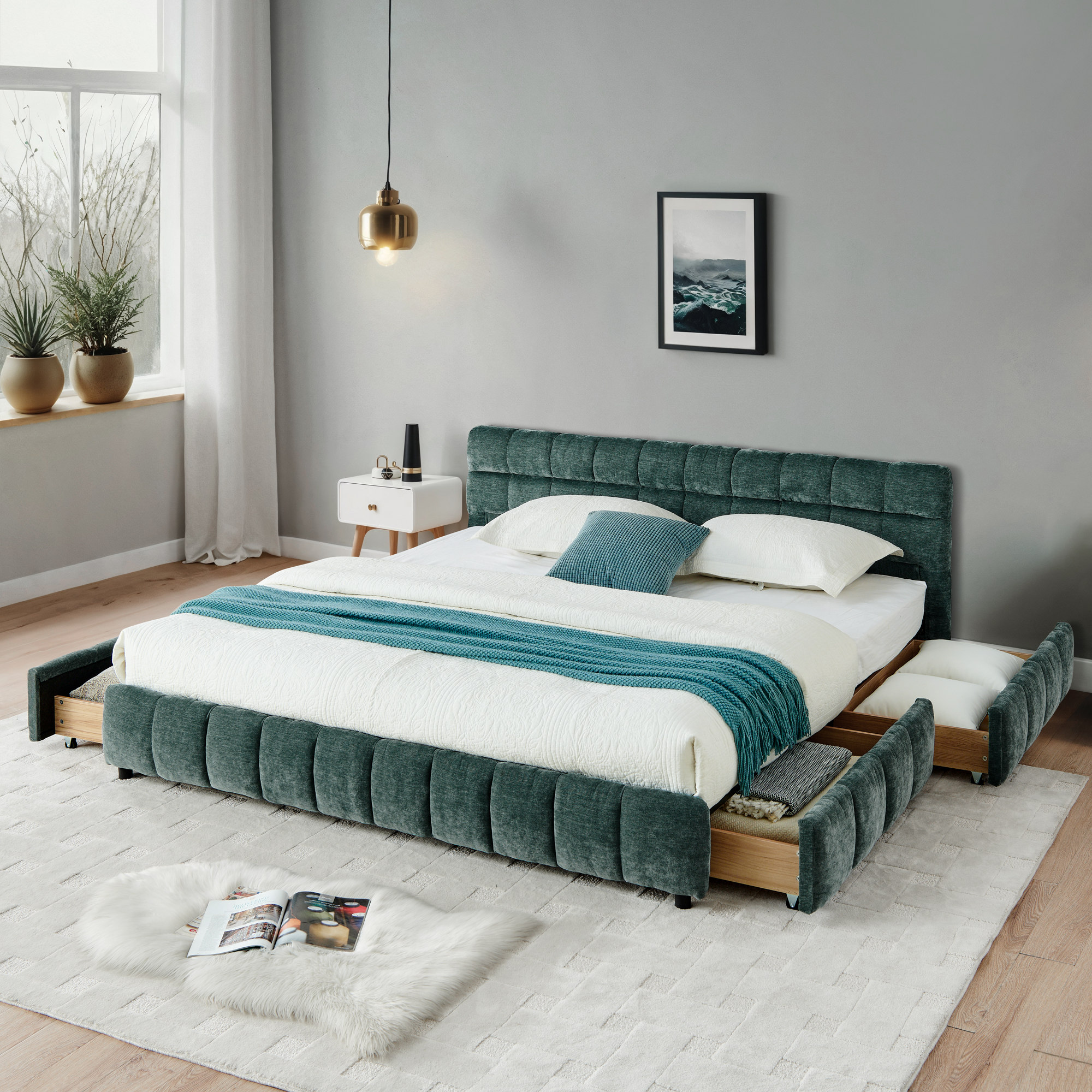 California King size Upholstered Bed ,comfortable upholstered bed frame, Chenille fabric, with headboard and solid bed frame. With drawer for storage.-Blue Green(90.5”*80.5”*31”)
