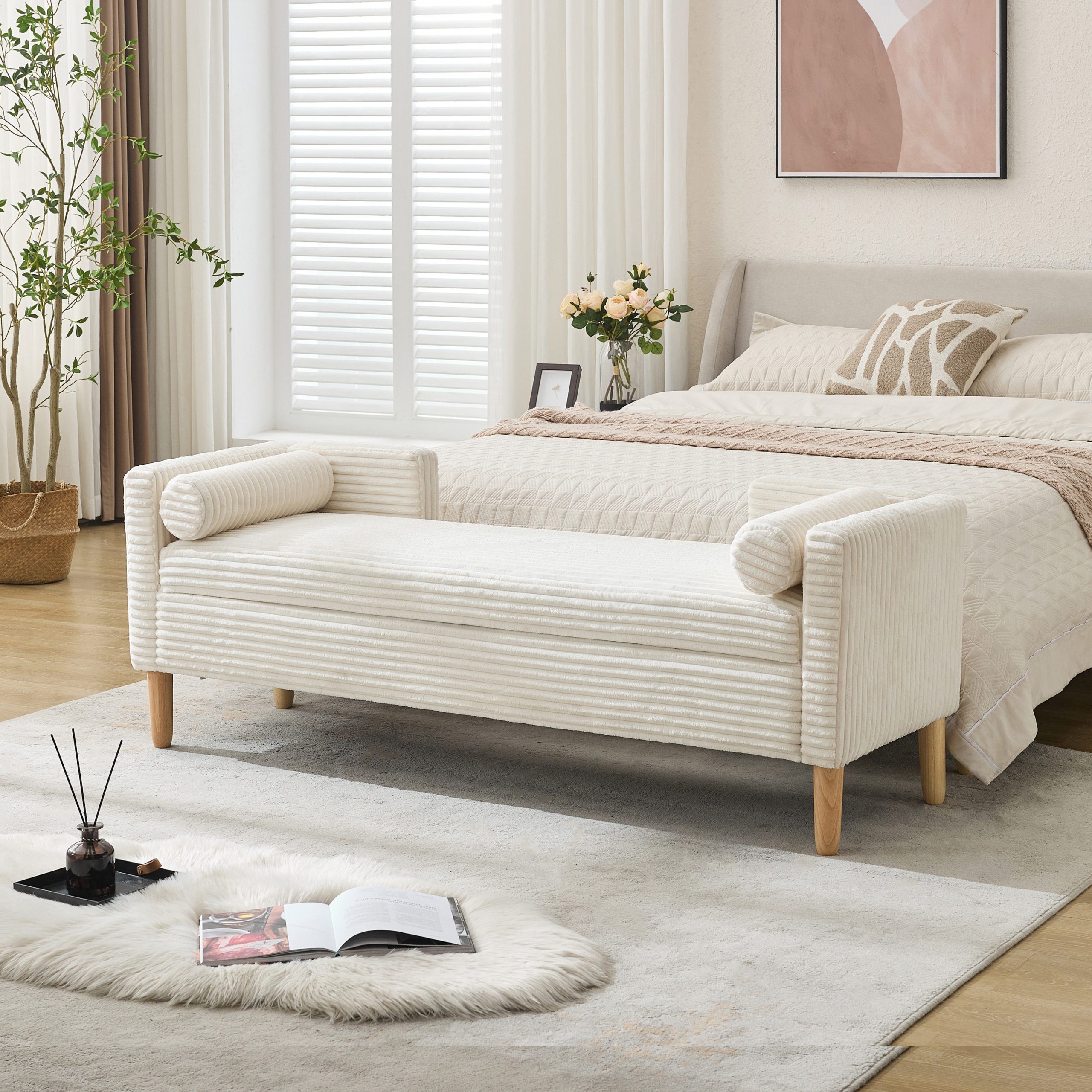 65.35″Wide Upholstered Flip-top Storage Accent Bed Bench, Corduroy Footrest Ottoman with Armrests&Backrest&2 Bolster Pillows Wood Legs for Living Room, End of Bed, Hallway, Entryway Bedroom. Ivory