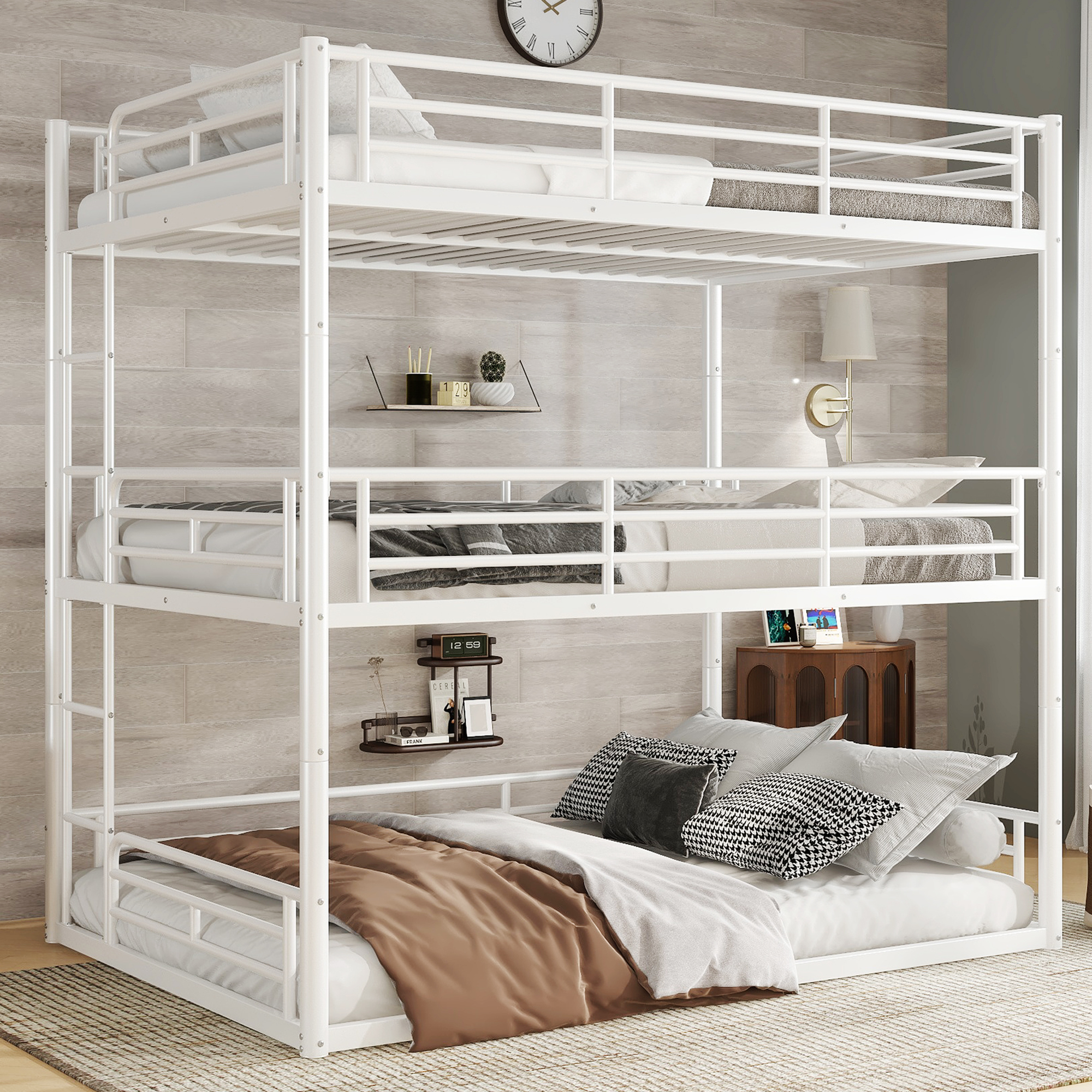 Full over Full over Full Bunk Bed, Metal Triple Bunk Bed with Safety Guardrails, Heavy-duty Bunk Bed with Noise-reduced Design, White