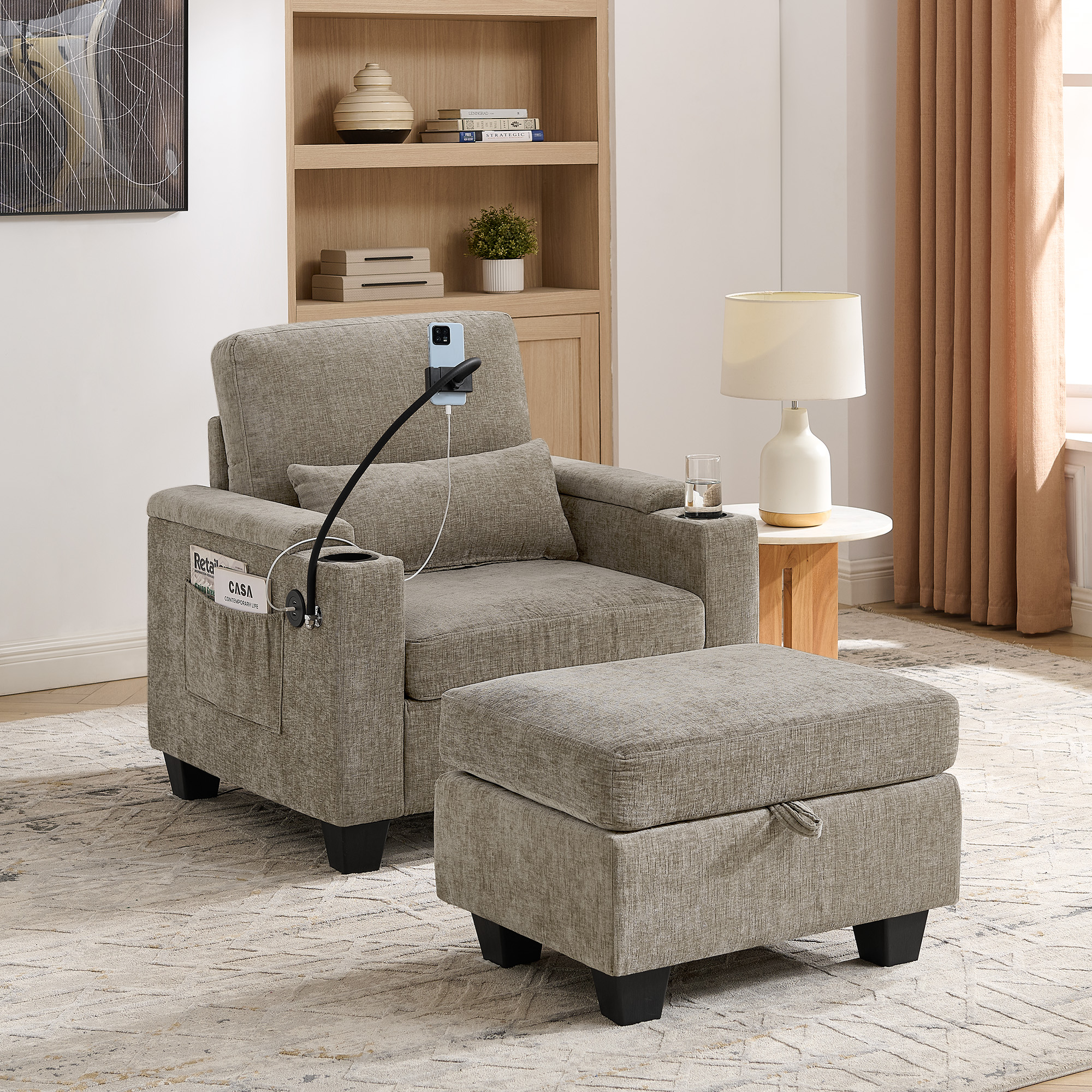 Single sofa recliner with manually adjustable backrest, USB charging port on the armrest side, phone stand included, hidden armrest storage, and a matching storage ottoman-Brown