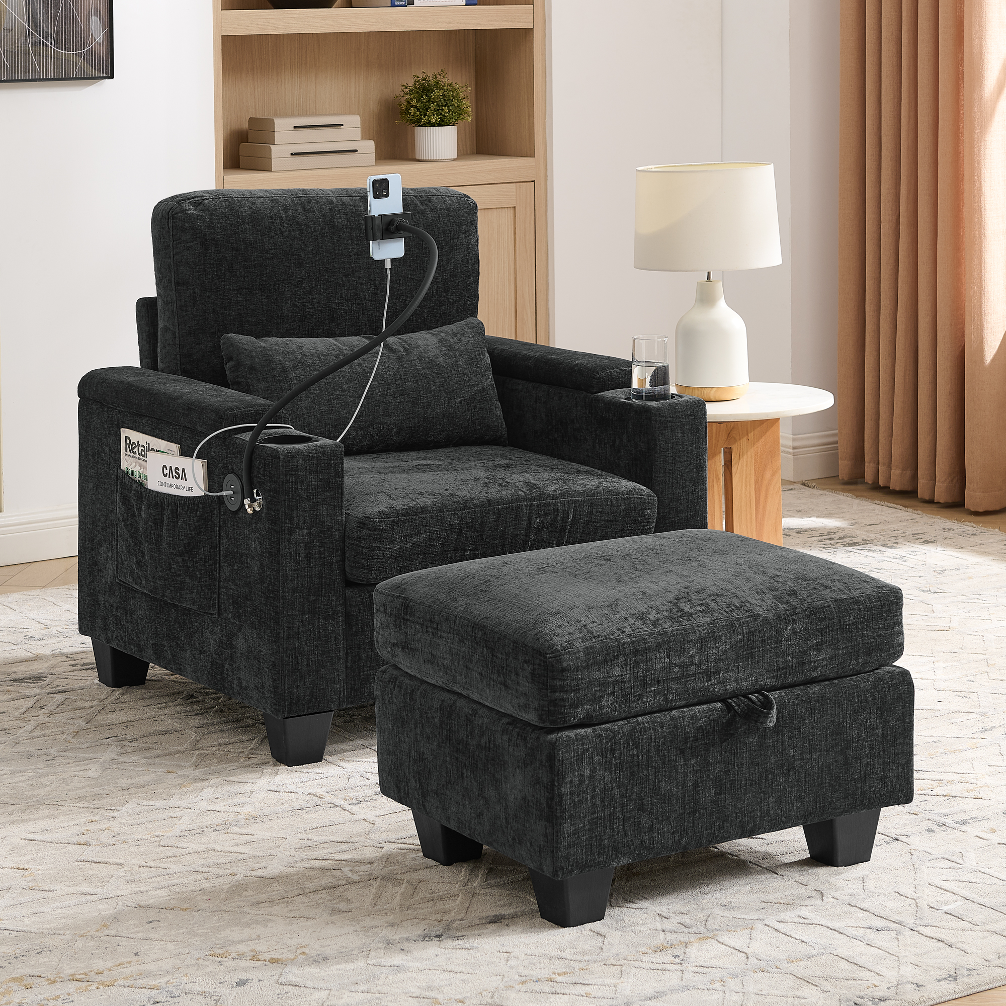 Single sofa recliner with manually adjustable backrest, USB charging port on the armrest side, phone stand included, hidden armrest storage, and a matching storage ottoman-Black