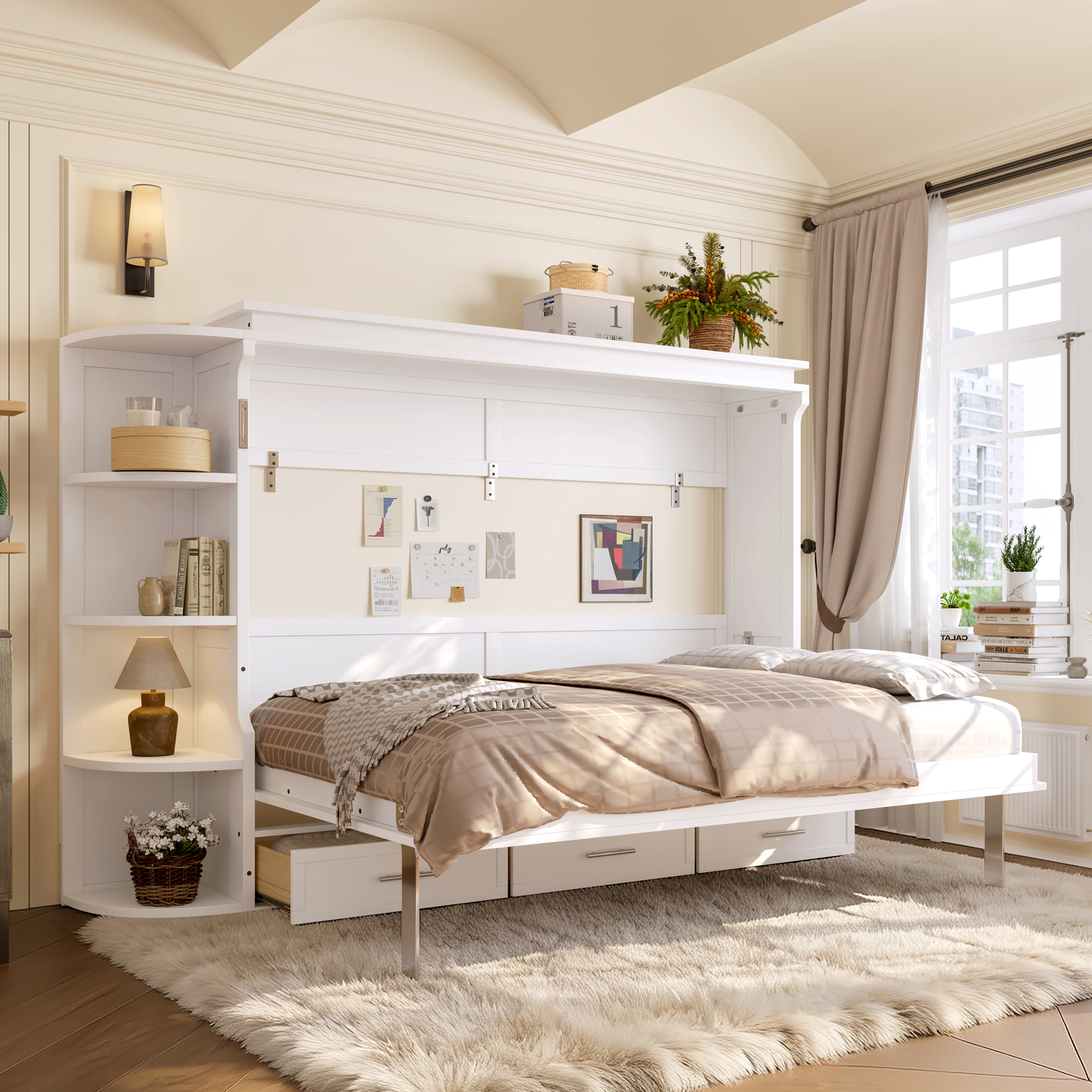 Full Size Murphy Platform Bed with Shelf, Side Cabinets, and Drawers , Home Office Space Saver,White