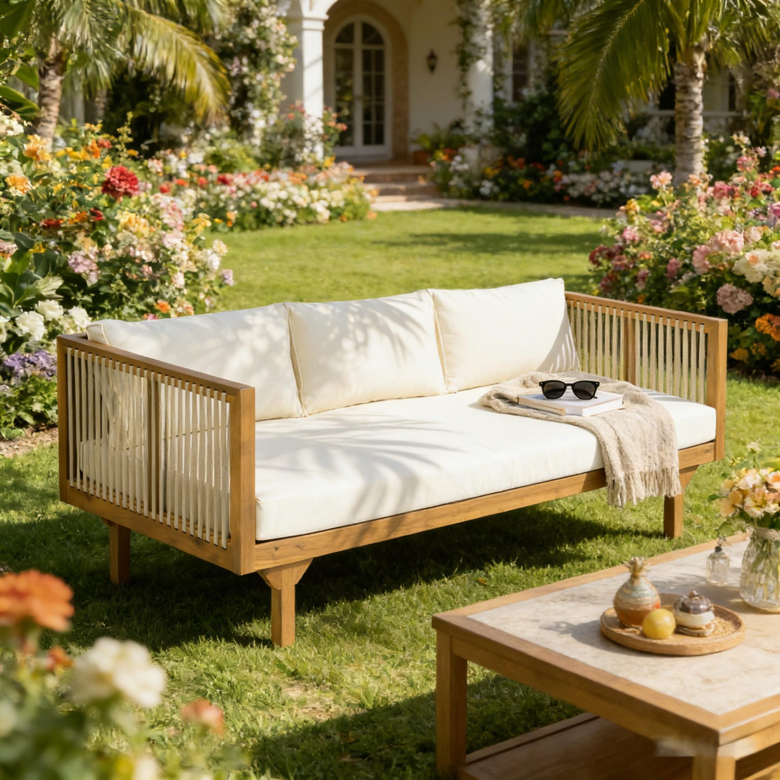 Outdoor Patio Sofa with Beige Cushions & Light Brown Rope, Acacia Wood Teak Finish, Water Repellent Fabric, 600 lbs Capacity, for Garden, Deck, or Backyard