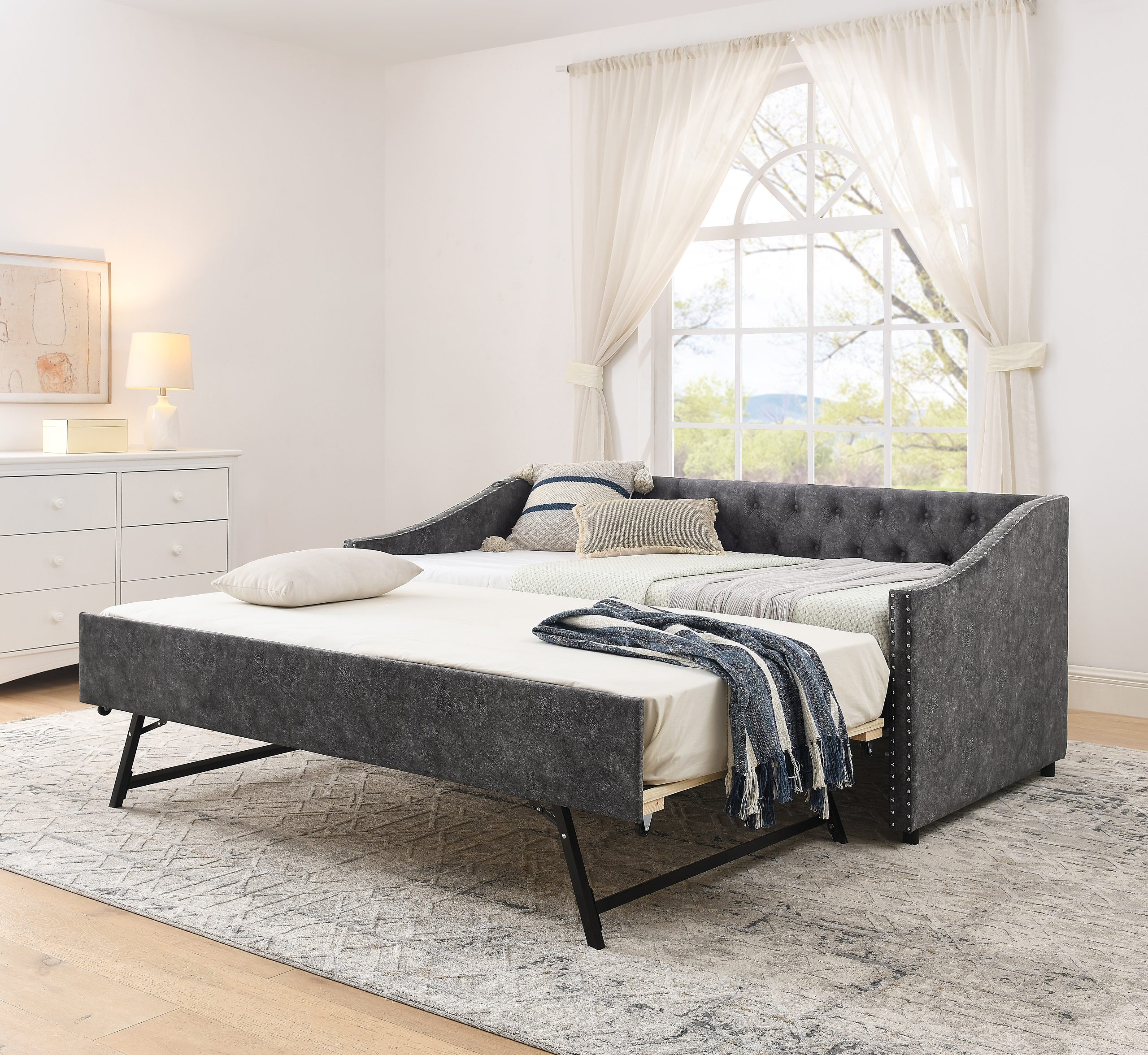 Twin Size Daybed with USB Charging & Pull-out Extendable Bed, with Button on Back and Copper Nail on Waved Shape Arms (81″x42″x30.75″)