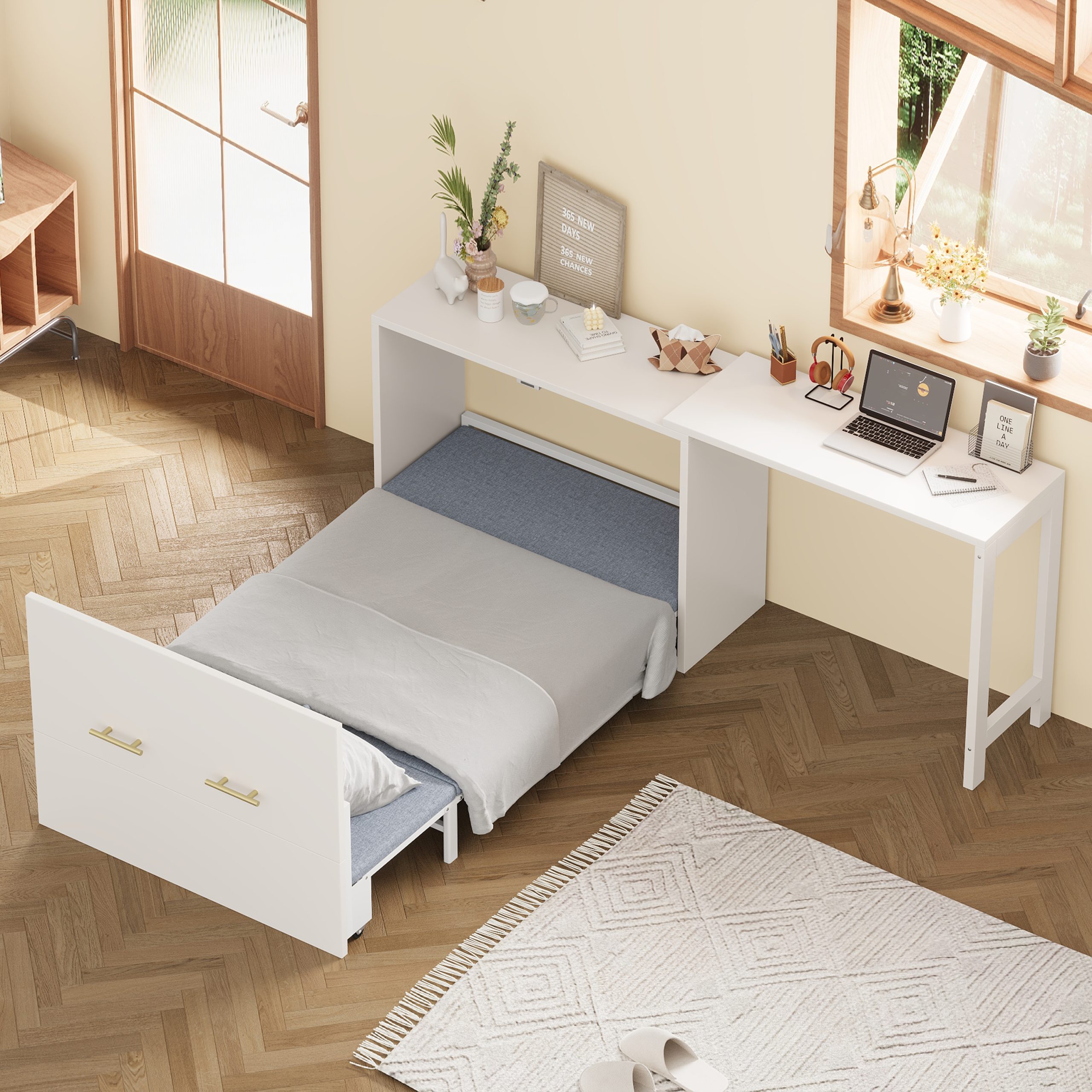 Twin Size Murphy Cabinet Bed with Adjustable Position Desk, Murphy Chest Dresser Bed with Foldable Cushion for Guest Room,Small Space, White (Old SKU: N733P272603W)