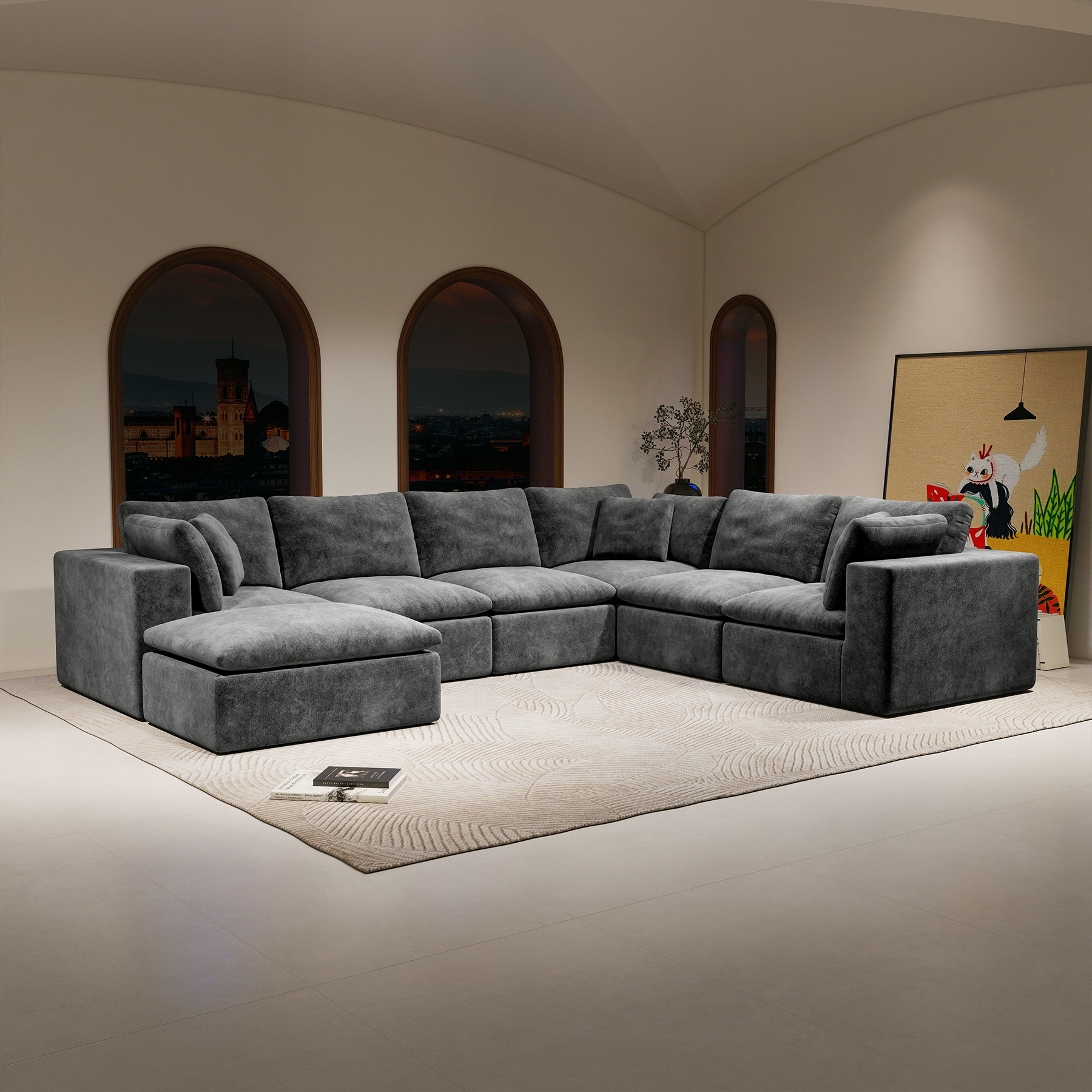 137.8*108.3″Modular sectional sofa seat,Upholstered compressed couch for living room,Bedroom,Apartment,No assembly required,7PC free combination,Plush corduroy fabric,GREY