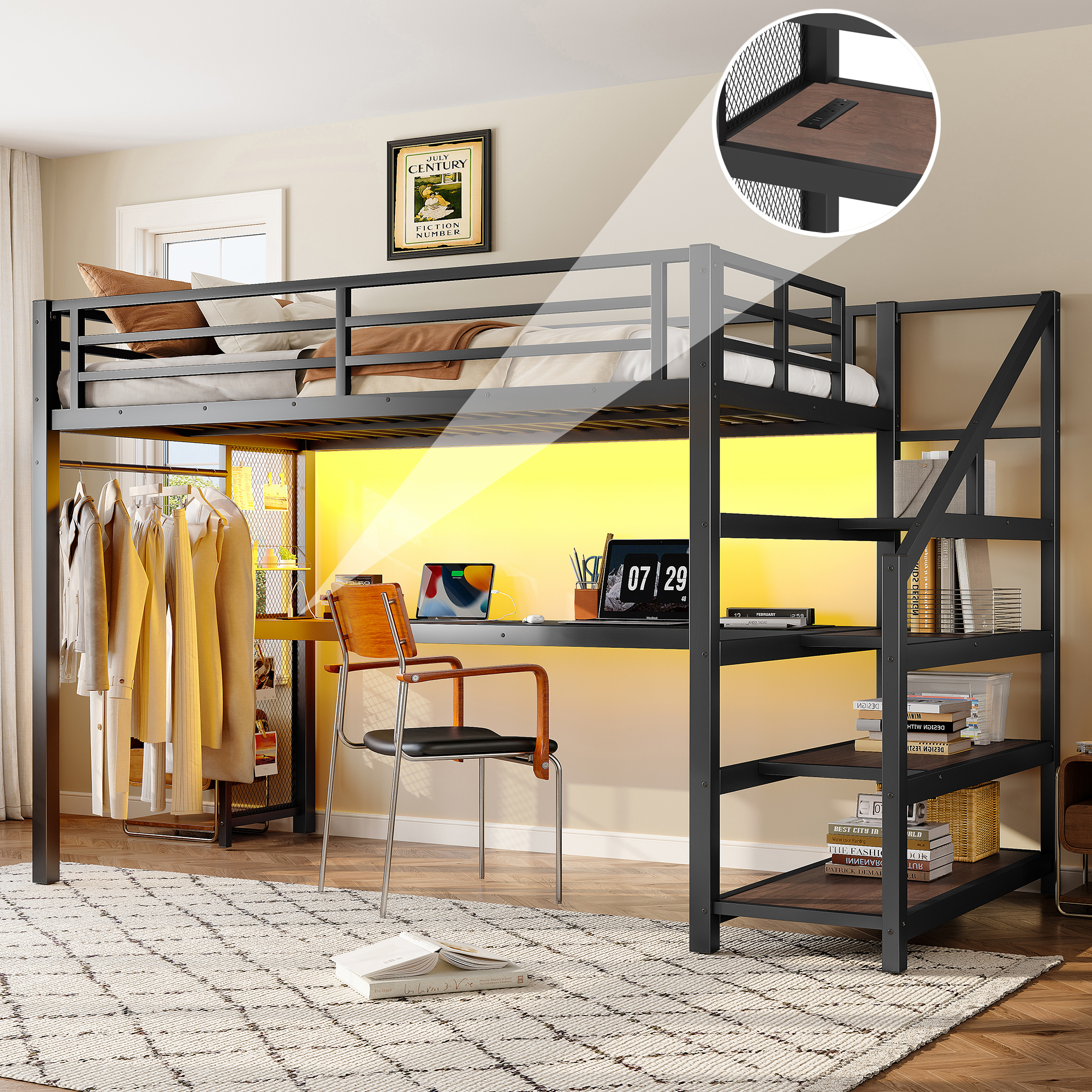 Twin XL Loft Bed with Desk and Storage Stairs, Metal Loft Beds with LED Lights, USB Ports, Multifunctional Iron Nets, No Spring Box Needed and Noise-free, Black