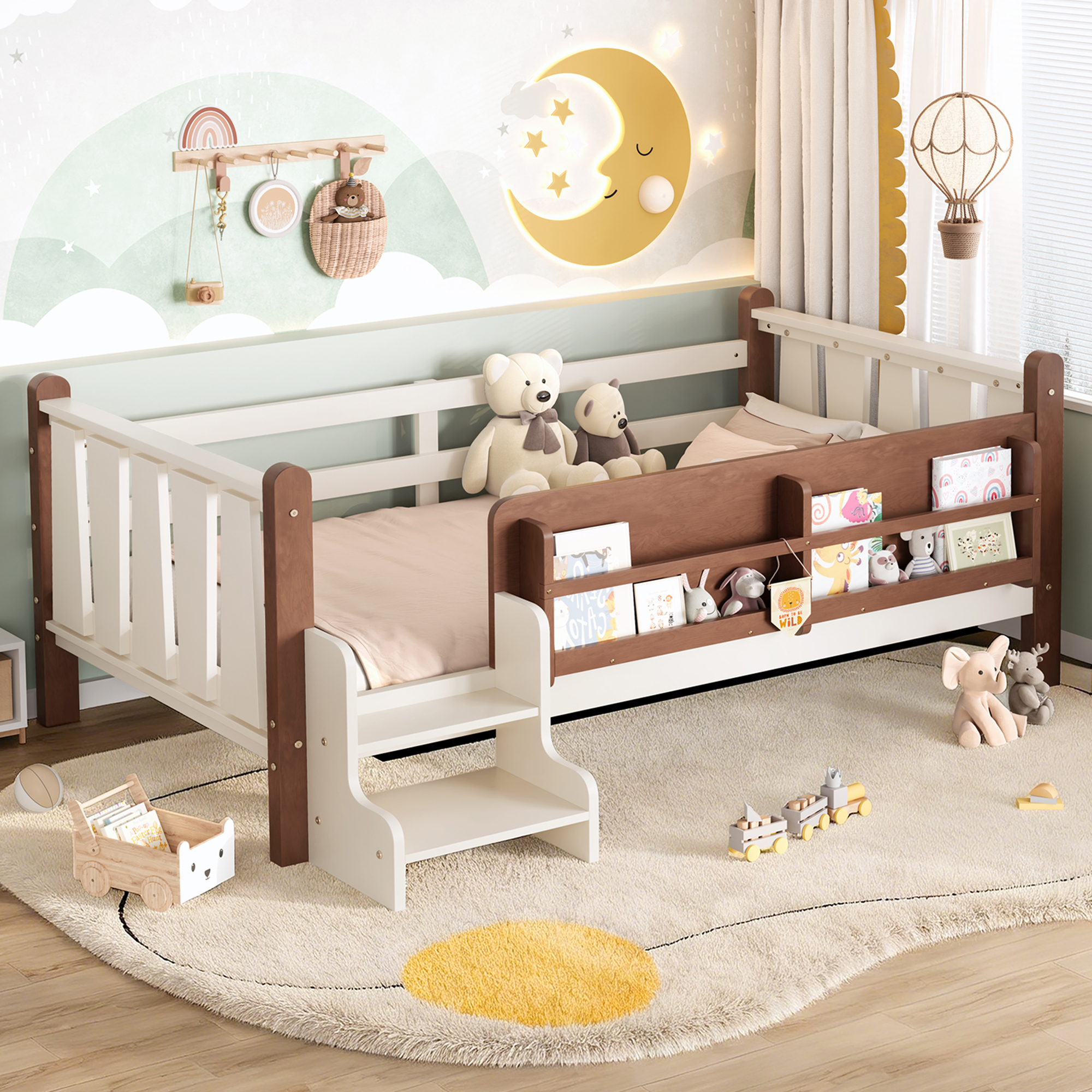 Twin Size Floor Bed with Storage Bookcases, Solid Wood Kids Floor Bed with Cute Stairs and Guardrails, No Box Spring Needed, Beige
