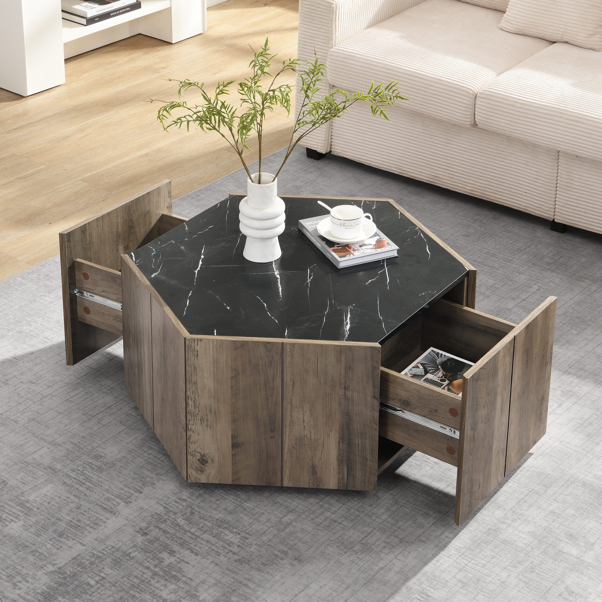 Hexagonal Rustic Retro Wood Coffee Table, with 2 Hidden Drawers, Textured Black Marble Tops, Light Brown Oak Finish – Perfect for Living Room & Reception Areas