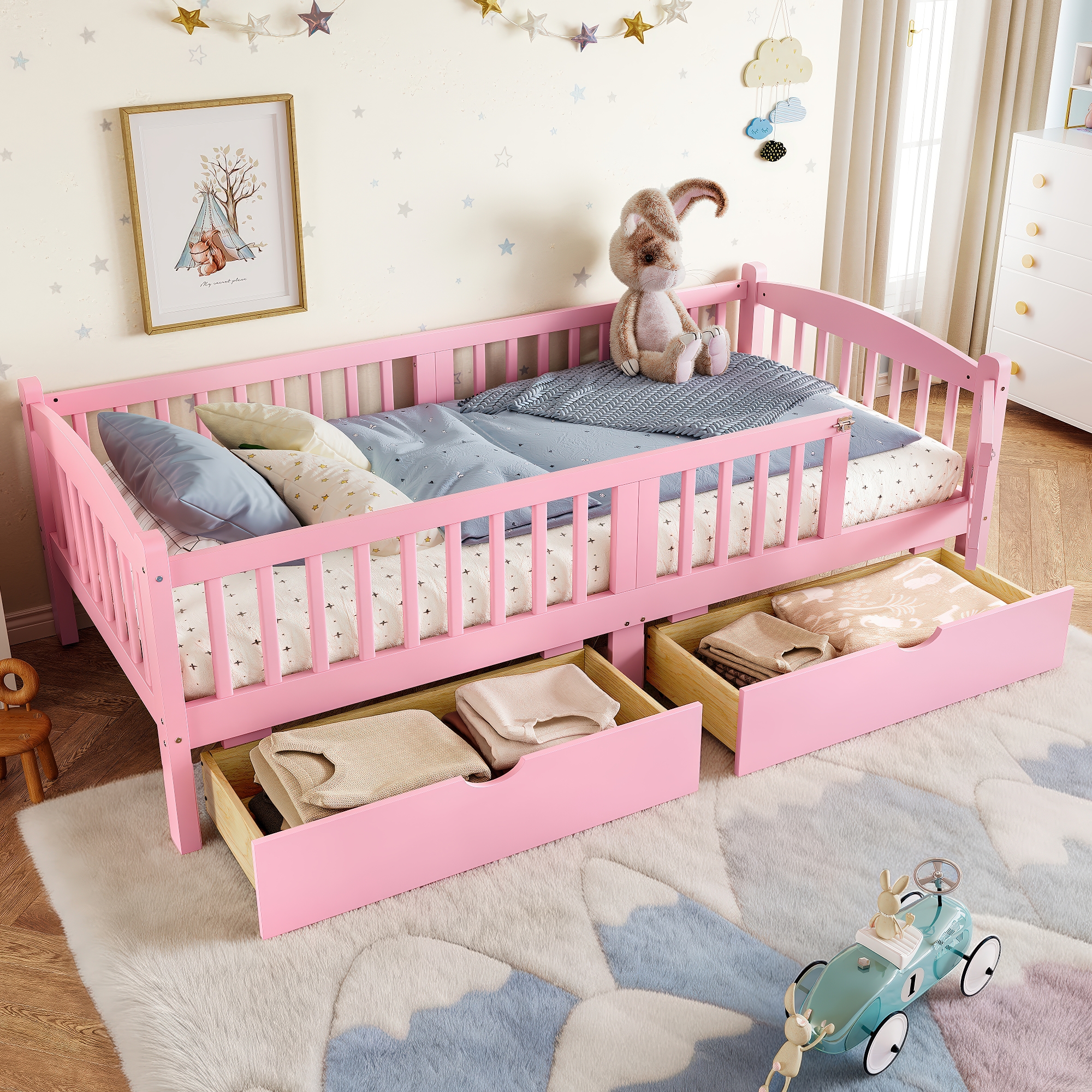 Twin XL Platform Bed with Full-length Guardrails, Kids Platform Bed with Storage Drawers, Childlike and Cute Headboard Design, Pink